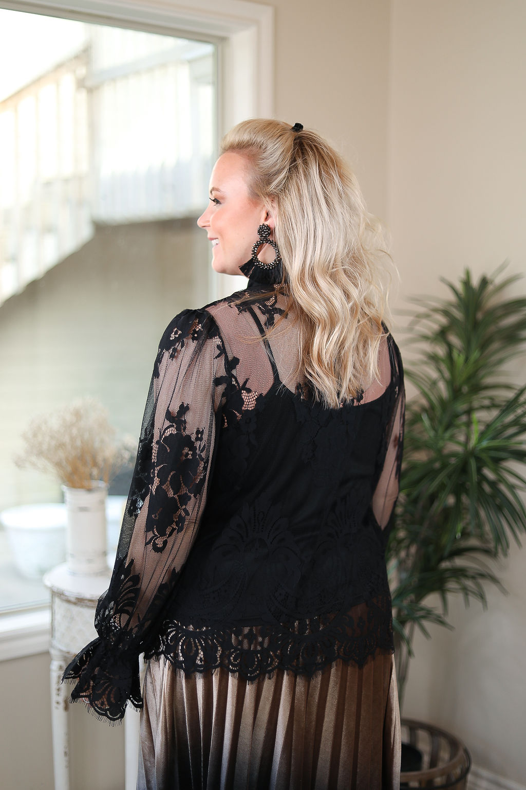 Last Chance Size Small | Blown Away Button Up Lace Frill Shirt with Neck Tie in Black - Giddy Up Glamour Boutique