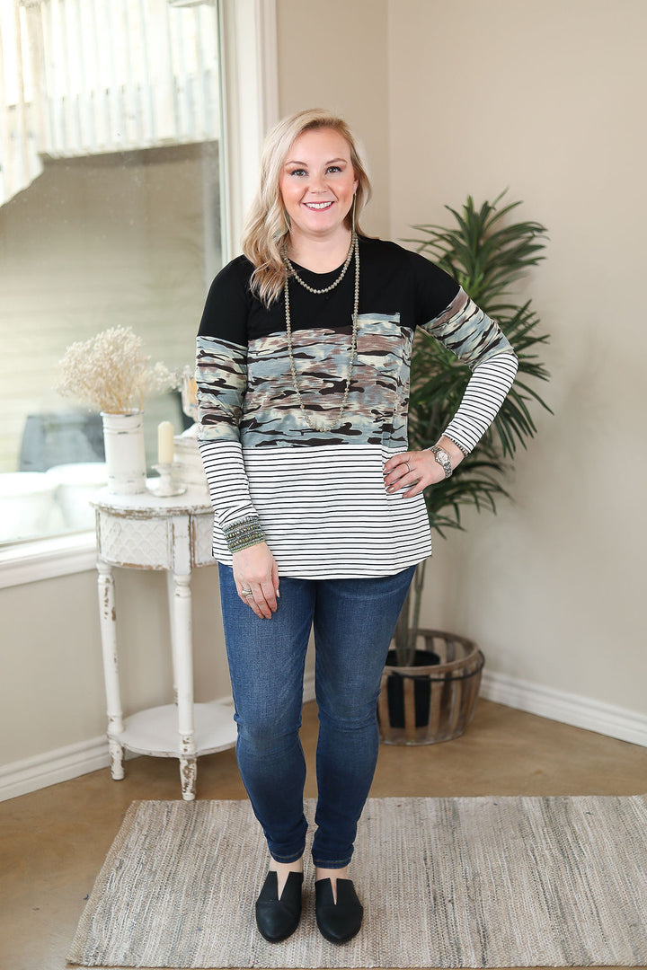 Best Remedy Stripe and Camouflage Long Sleeve Color Block Top - Giddy Up Glamour Boutique