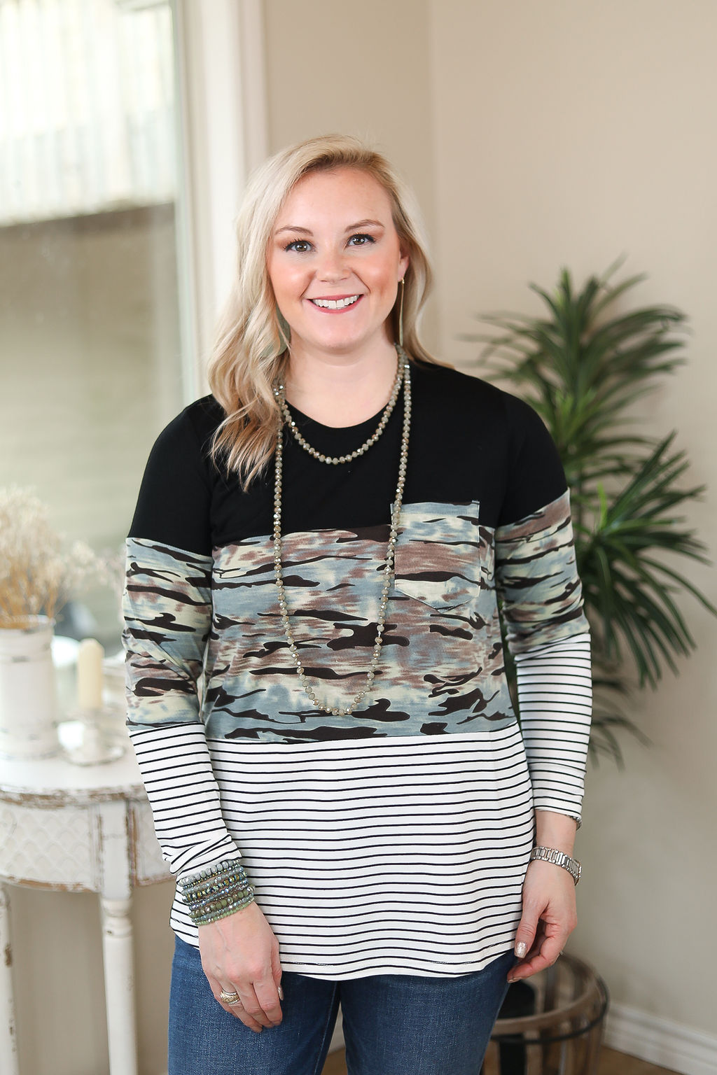 Best Remedy Stripe and Camouflage Long Sleeve Color Block Top - Giddy Up Glamour Boutique
