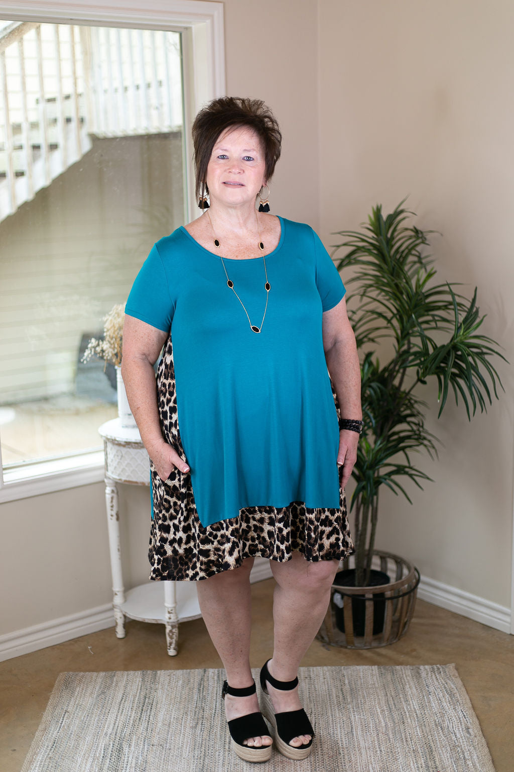 It's My Way Solid Dress with Leopard Print Trim in Turquoise - Giddy Up Glamour Boutique