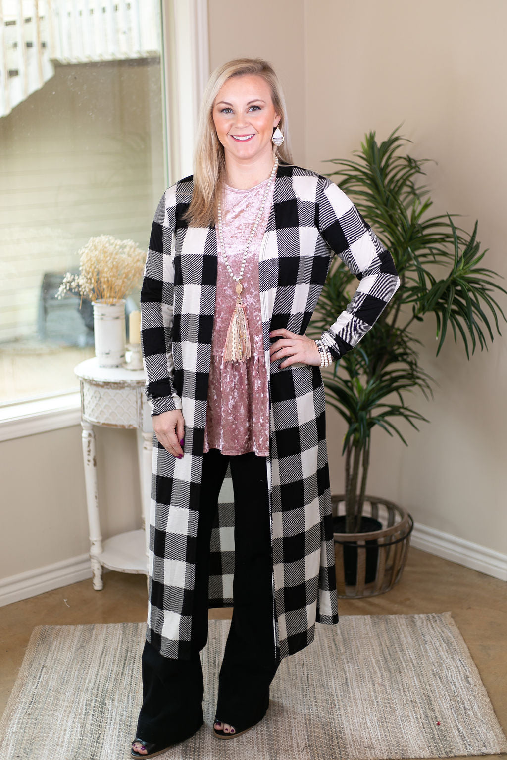 Last Chance Size Small | Can't Let Go Buffalo Plaid Long Duster Cardigan in Black & White - Giddy Up Glamour Boutique