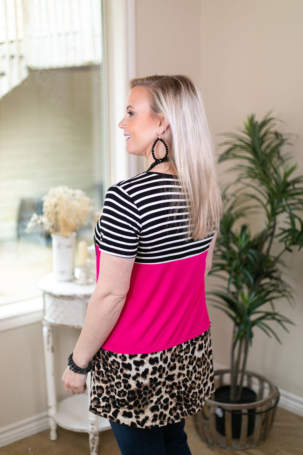 Last Chance Size Small & Med. | Look At Me Now Leopard Print & Stripe Color Block Top with Sequin Pocket in Hot Pink - Giddy Up Glamour Boutique