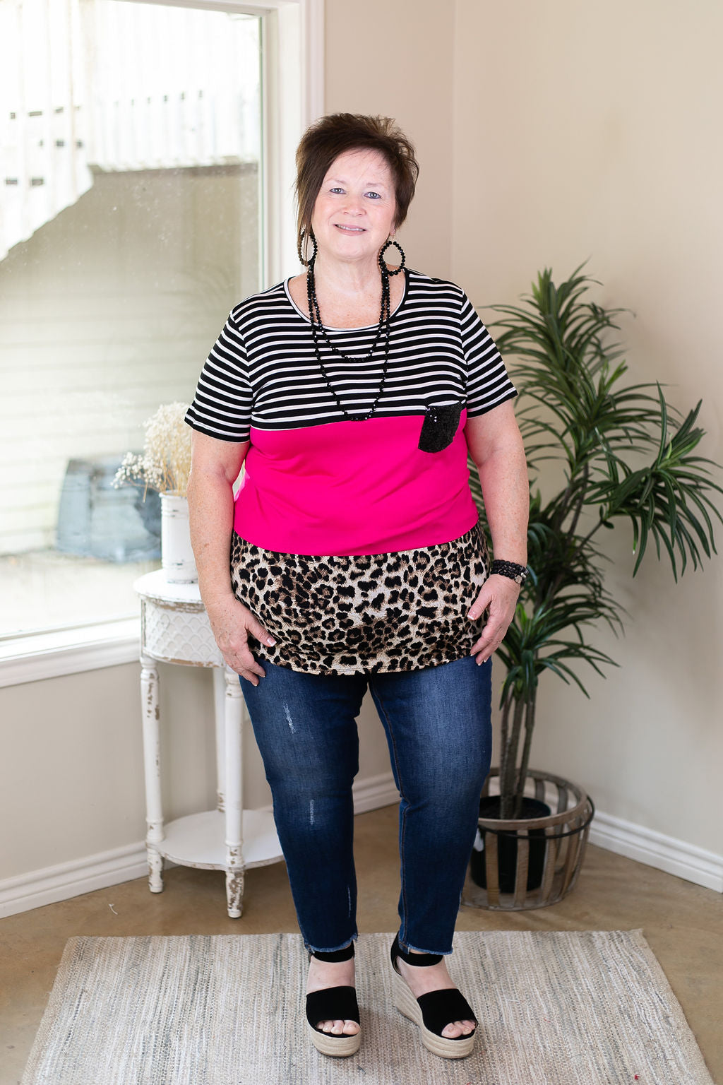 Last Chance Size Small & Med. | Look At Me Now Leopard Print & Stripe Color Block Top with Sequin Pocket in Hot Pink - Giddy Up Glamour Boutique