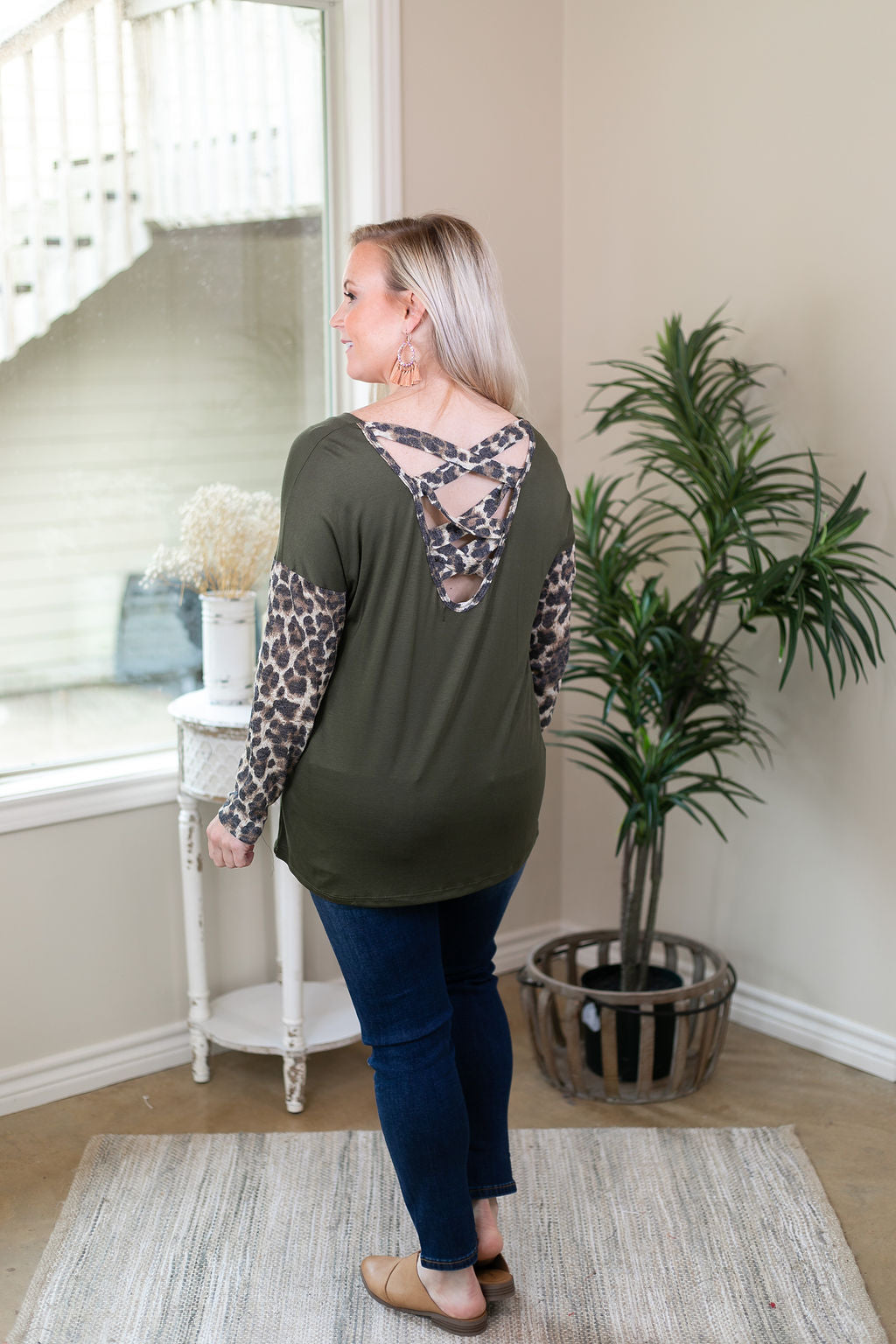 Plot Twist Leopard Long Sleeve Top with Criss Cross Back in Olive Green - Giddy Up Glamour Boutique