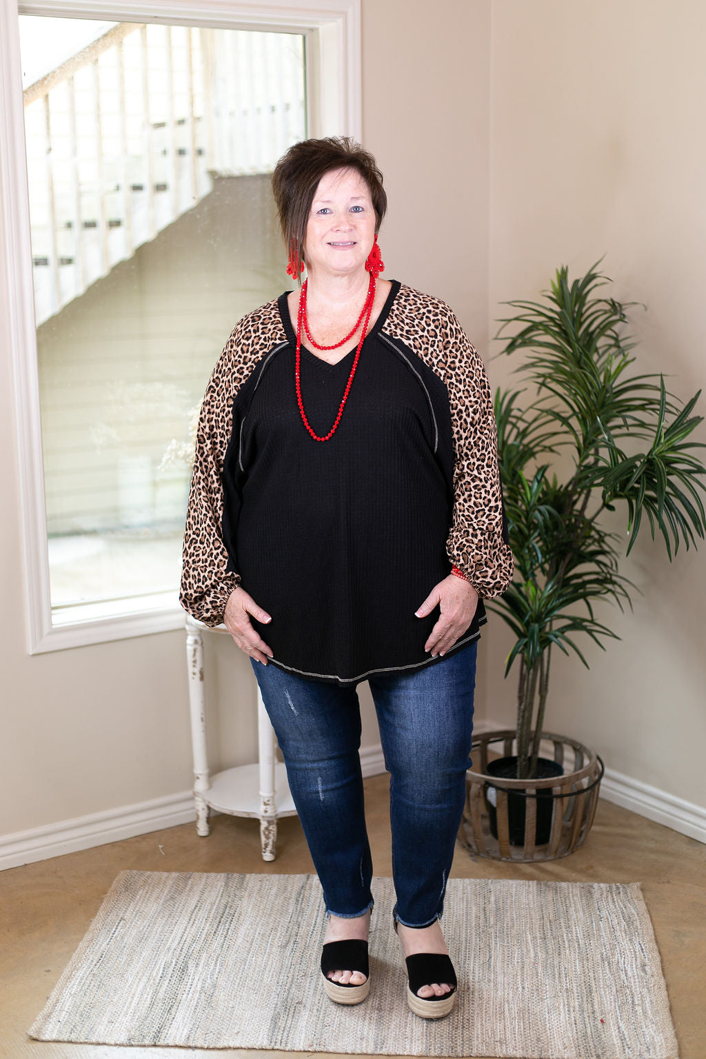 She's Darling Waffle Knit Top with Puff Sleeves and Leopard in Black - Giddy Up Glamour Boutique