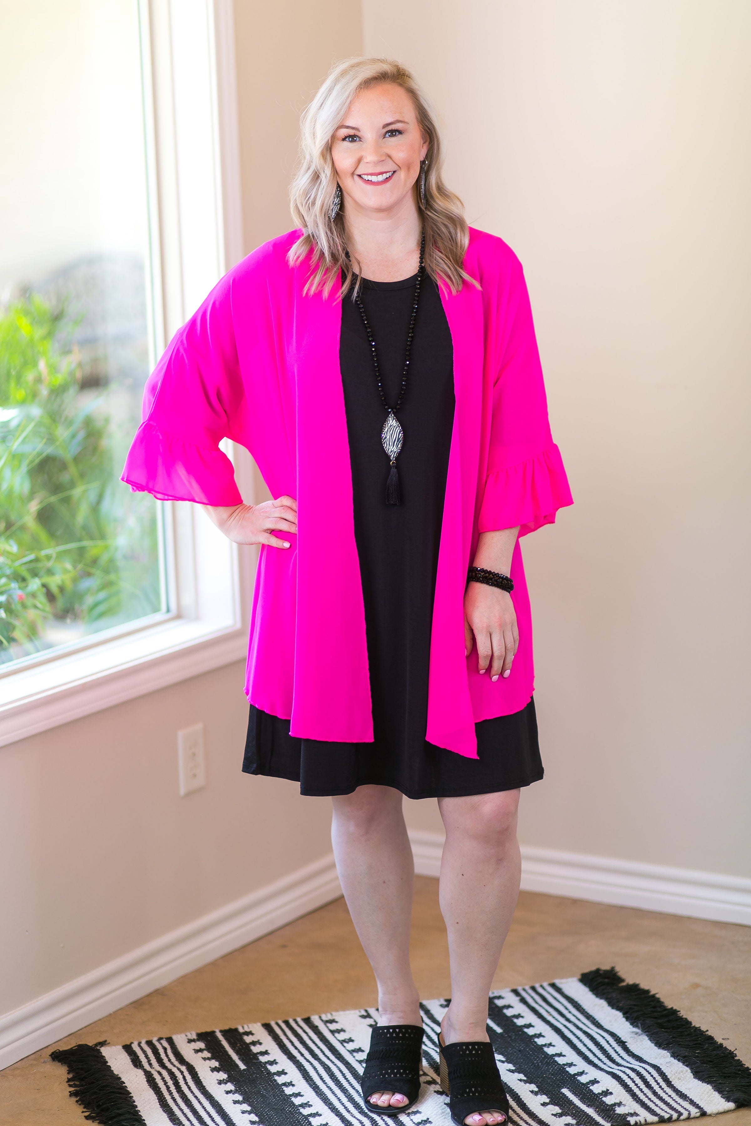 women's missy curvy girl fashions plus size kimono duster cover up boutique trendy sheer neon pink hot pink fuchsia 