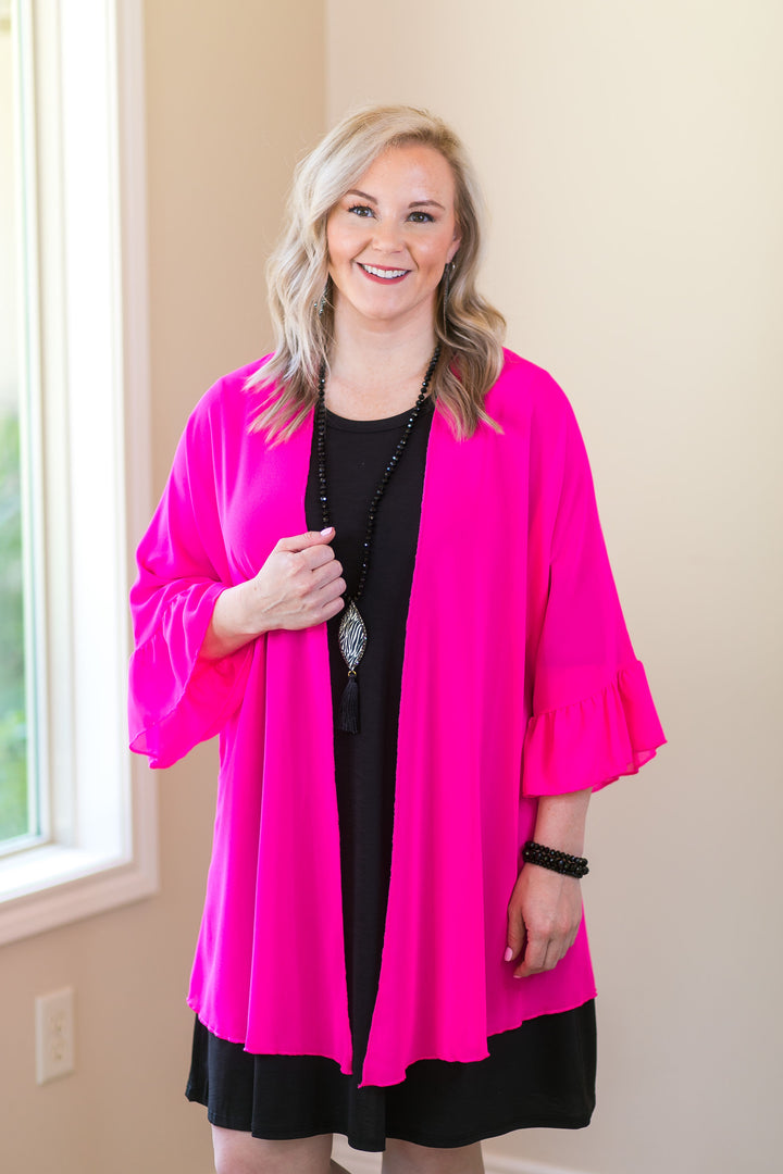 women's missy curvy girl fashions plus size kimono duster cover up boutique trendy sheer neon pink hot pink fuchsia 