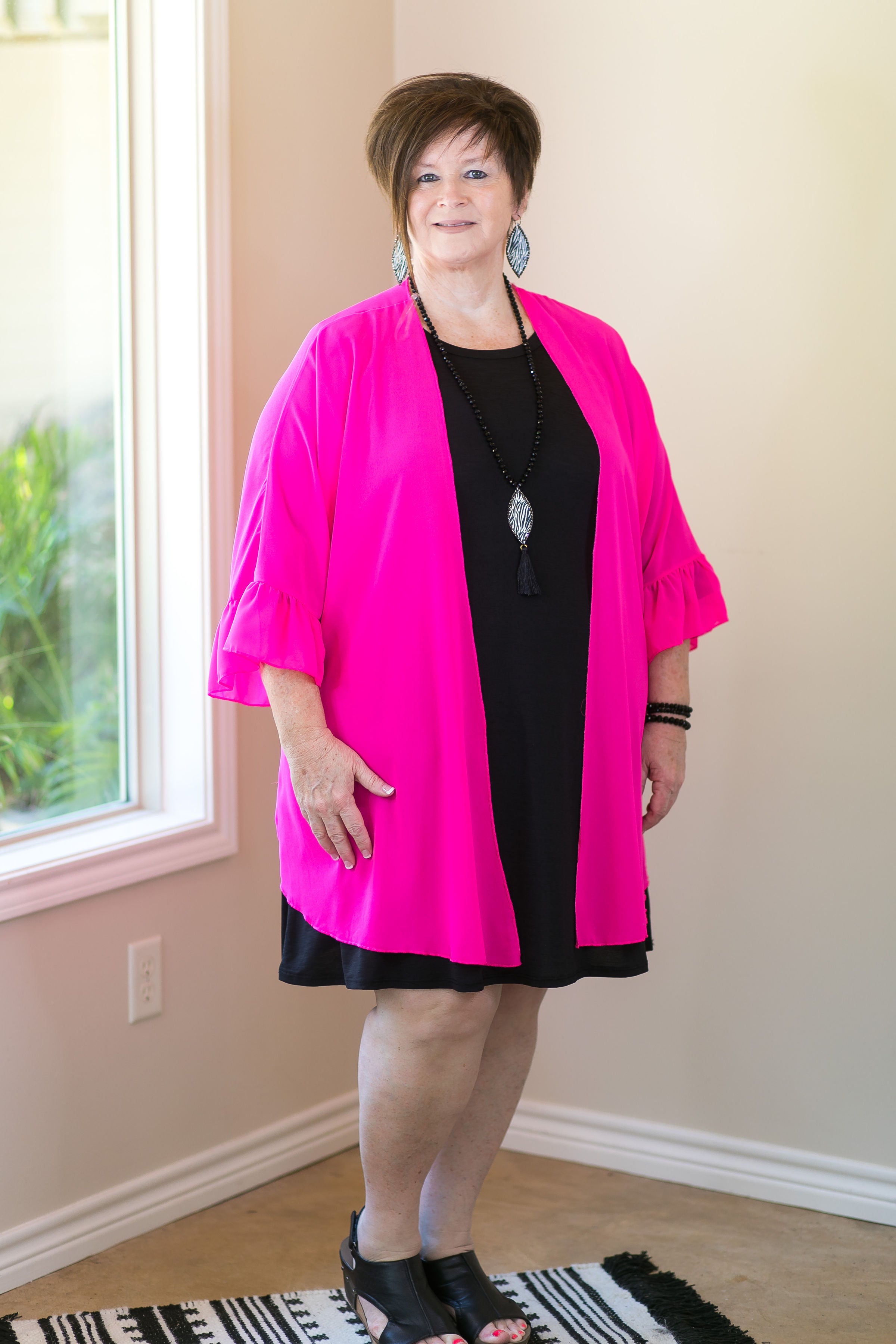 women's missy curvy girl fashions plus size kimono duster cover up boutique trendy sheer neon pink hot pink fuchsia 