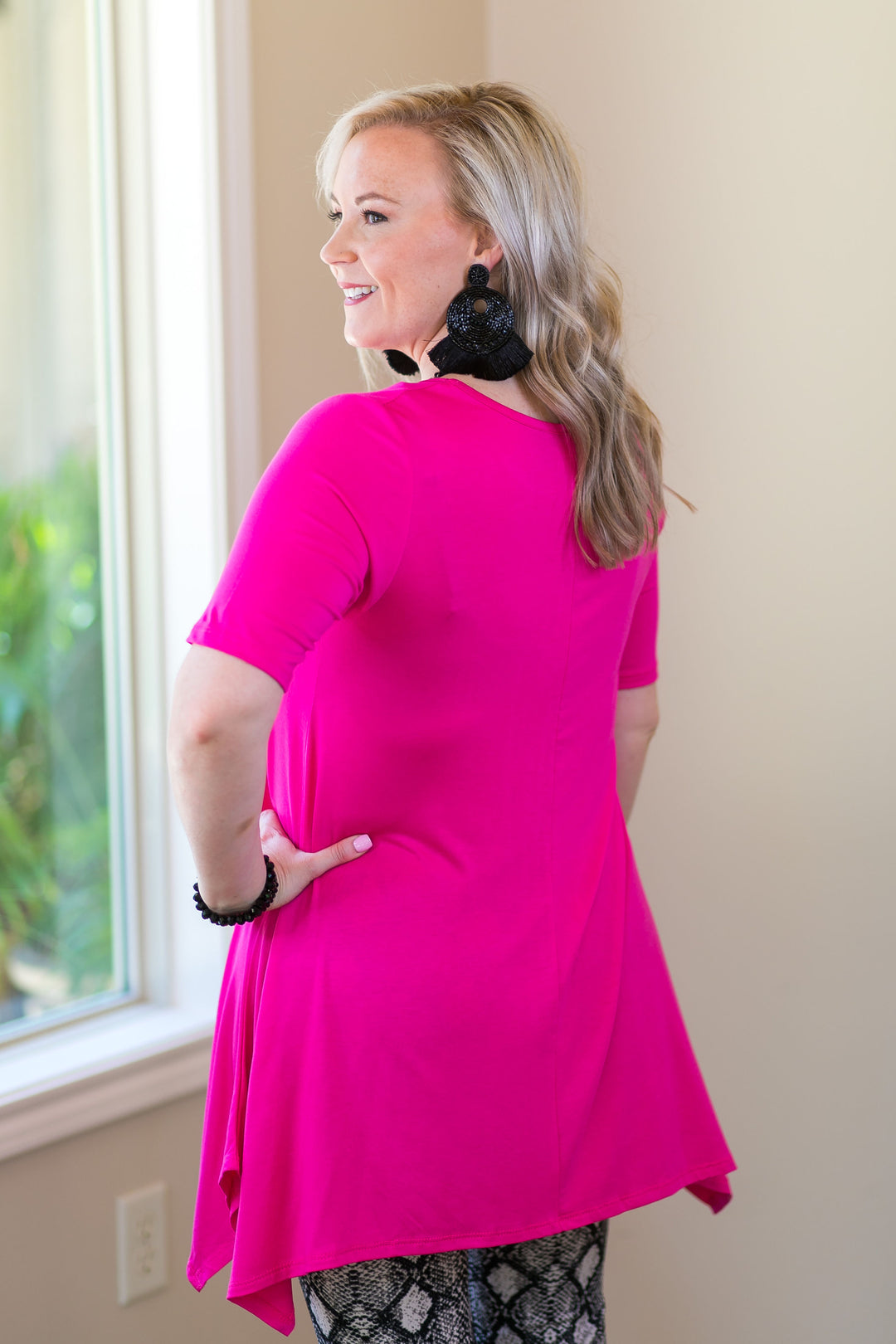 Whenever this happens Women's trendy plus size boutique clothing solid handkerchief tunic shirt top blouse affordable Valentines Outfit hot pink fuchsia