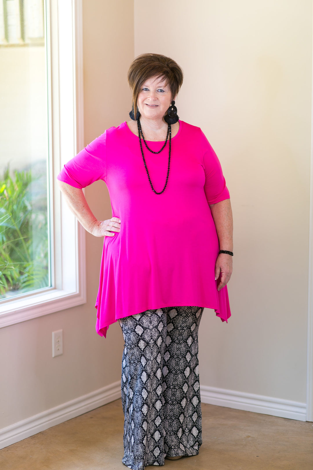 Whenever this happens Women's trendy plus size boutique clothing solid handkerchief tunic shirt top blouse affordable Valentines Outfit hot pink fuchsia