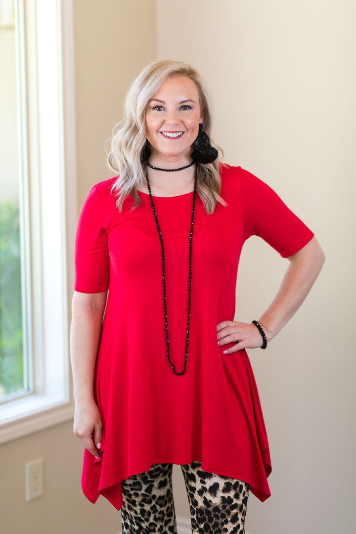 Whenever this happens Women's trendy plus size boutique clothing solid handkerchief tunic shirt top blouse affordable 4th of July Patriotic Valentines Outfit Christmas Red