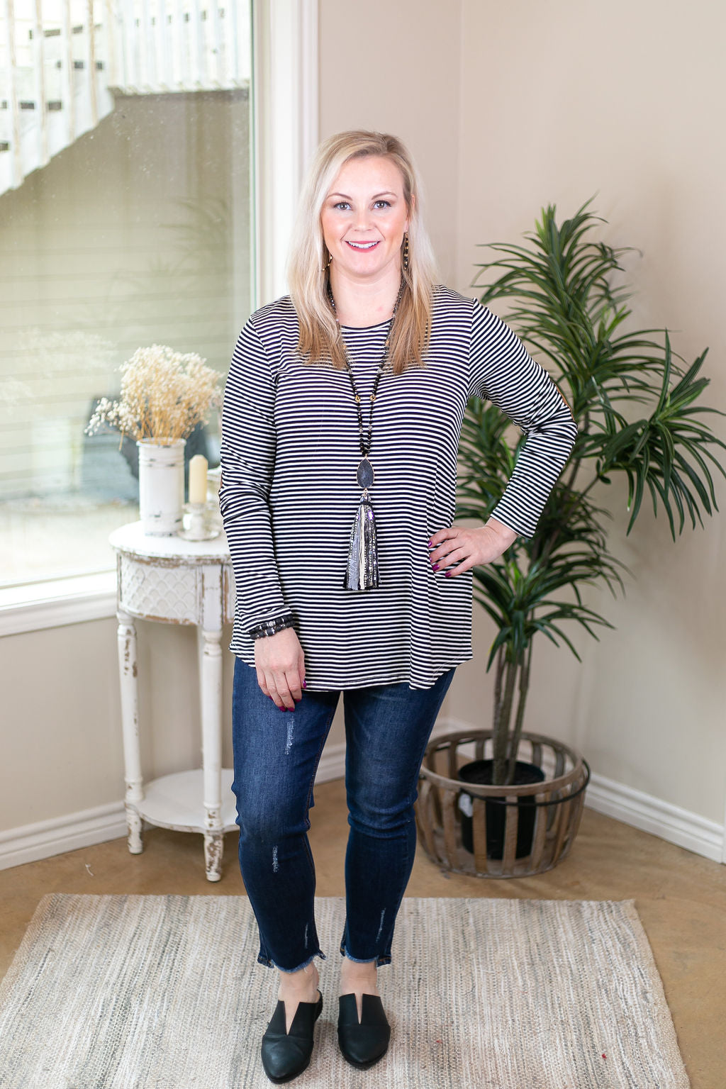 A Different Day Long Sleeve Striped Top with Suede Elbow Patches in Black and White - Giddy Up Glamour Boutique