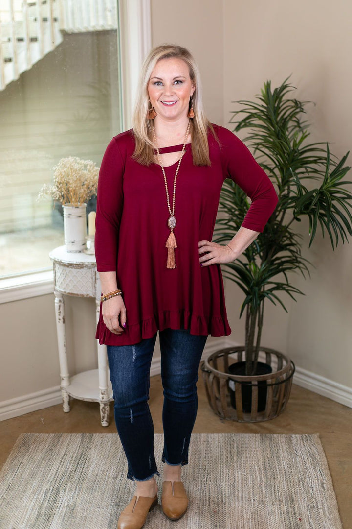 Something Familiar Keyhole Tunic with Ruffle Hem in Burgundy maroon long sleeve peplum