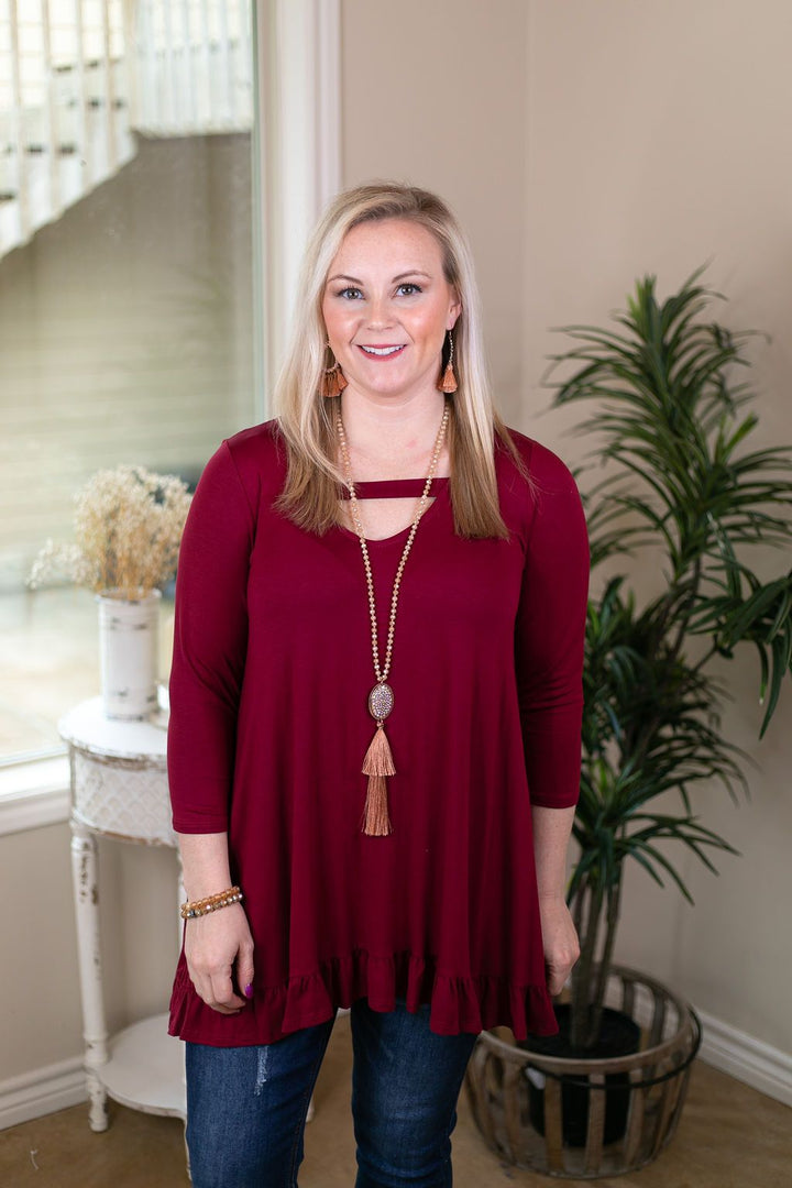 Something Familiar Keyhole Tunic with Ruffle Hem in Burgundy maroon long sleeve peplum