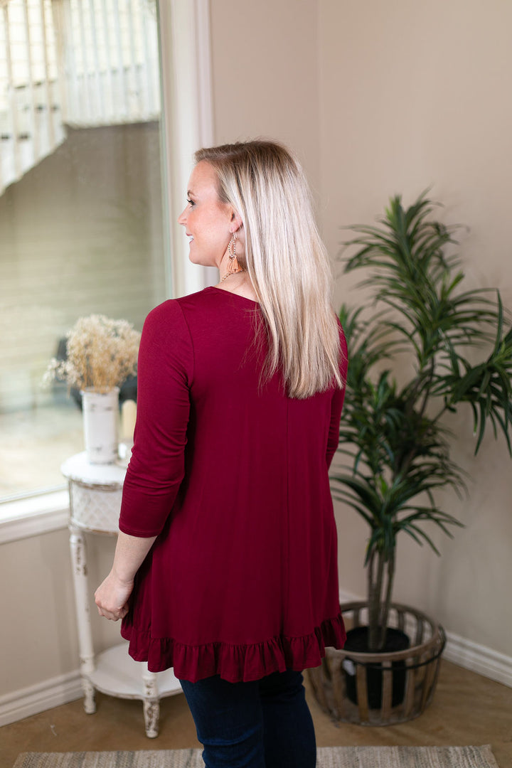 Something Familiar Keyhole Tunic Top with Ruffle Hem in Maroon - Giddy Up Glamour Boutique