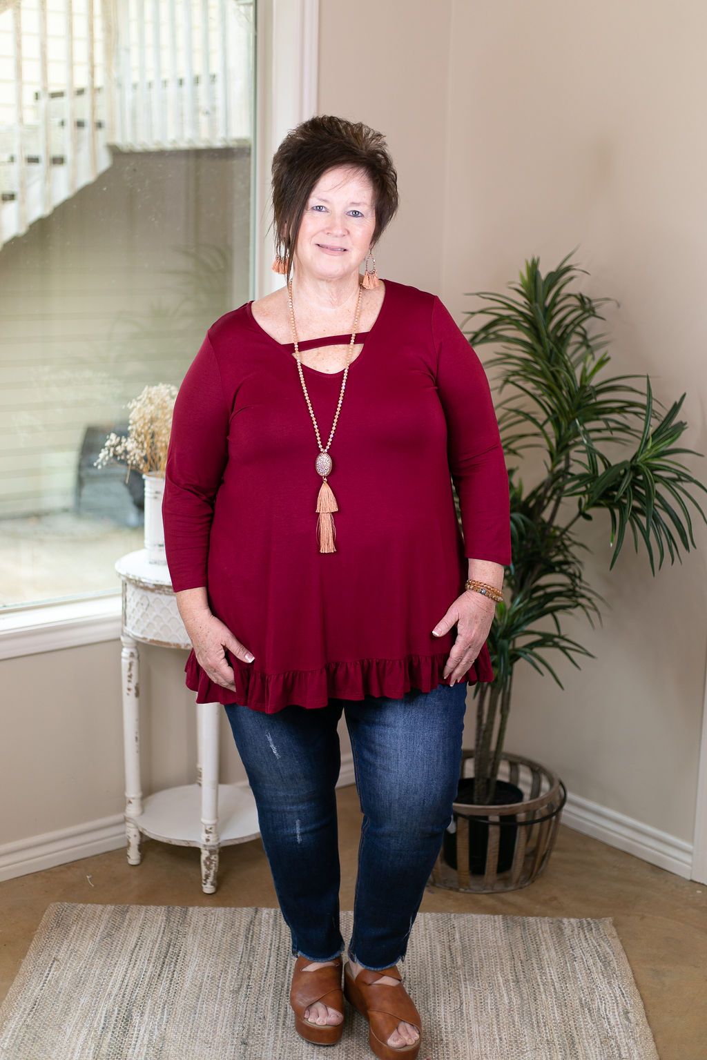 Something Familiar Keyhole Tunic with Ruffle Hem in Burgundy maroon long sleeve peplum