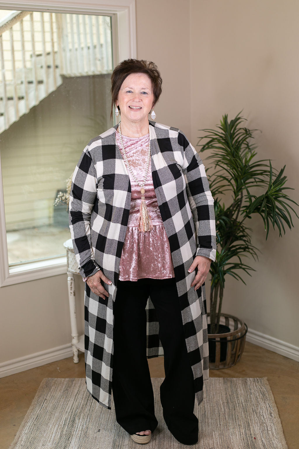 Last Chance Size Small | Can't Let Go Buffalo Plaid Long Duster Cardigan in Black & White - Giddy Up Glamour Boutique