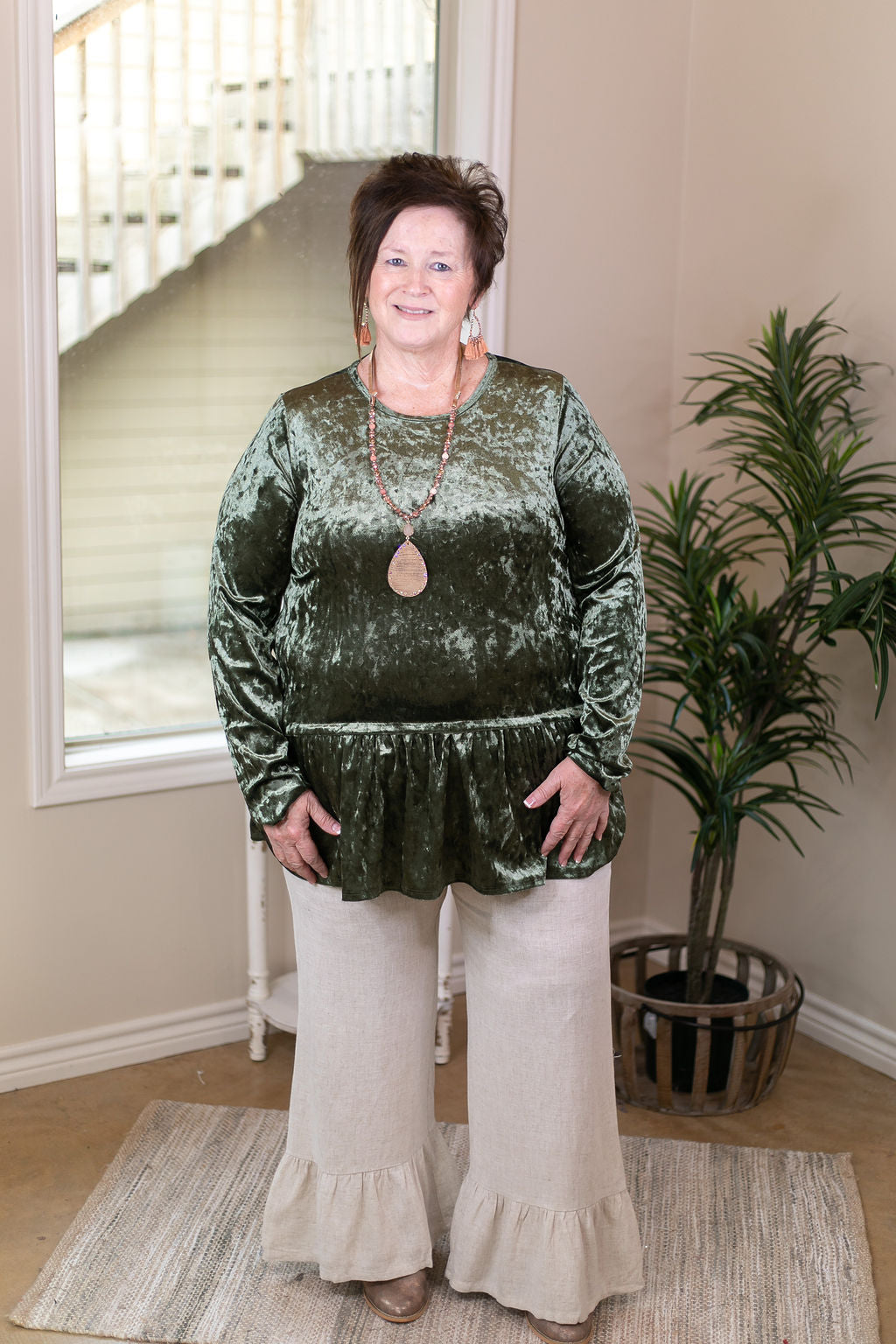 Oatmeal Linen Blend Ruffle Hem Wide Leg Pants detail view