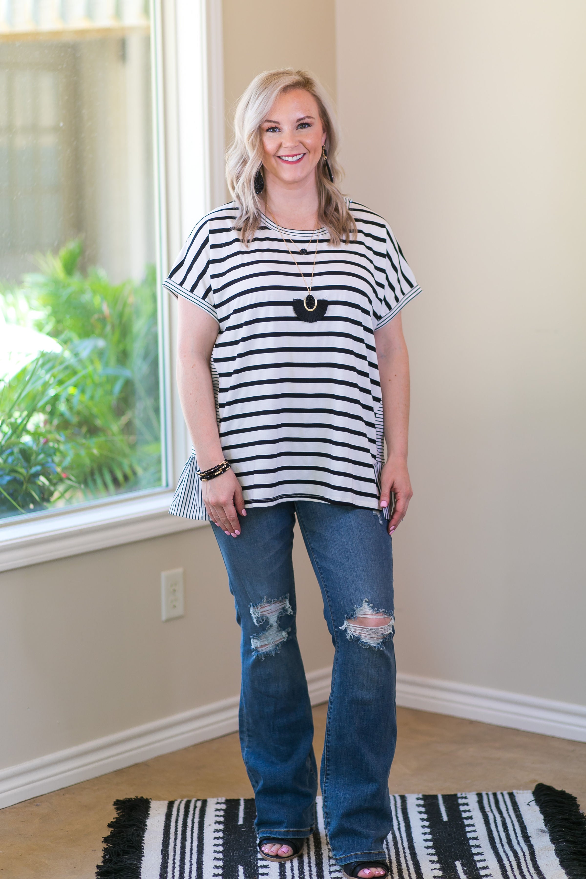 Umgee Notice Me Mixed Stripe Short Sleeve Top with Ruffled Hem in black and white Blue Women's trendy plus size boutique clothing affordable striped