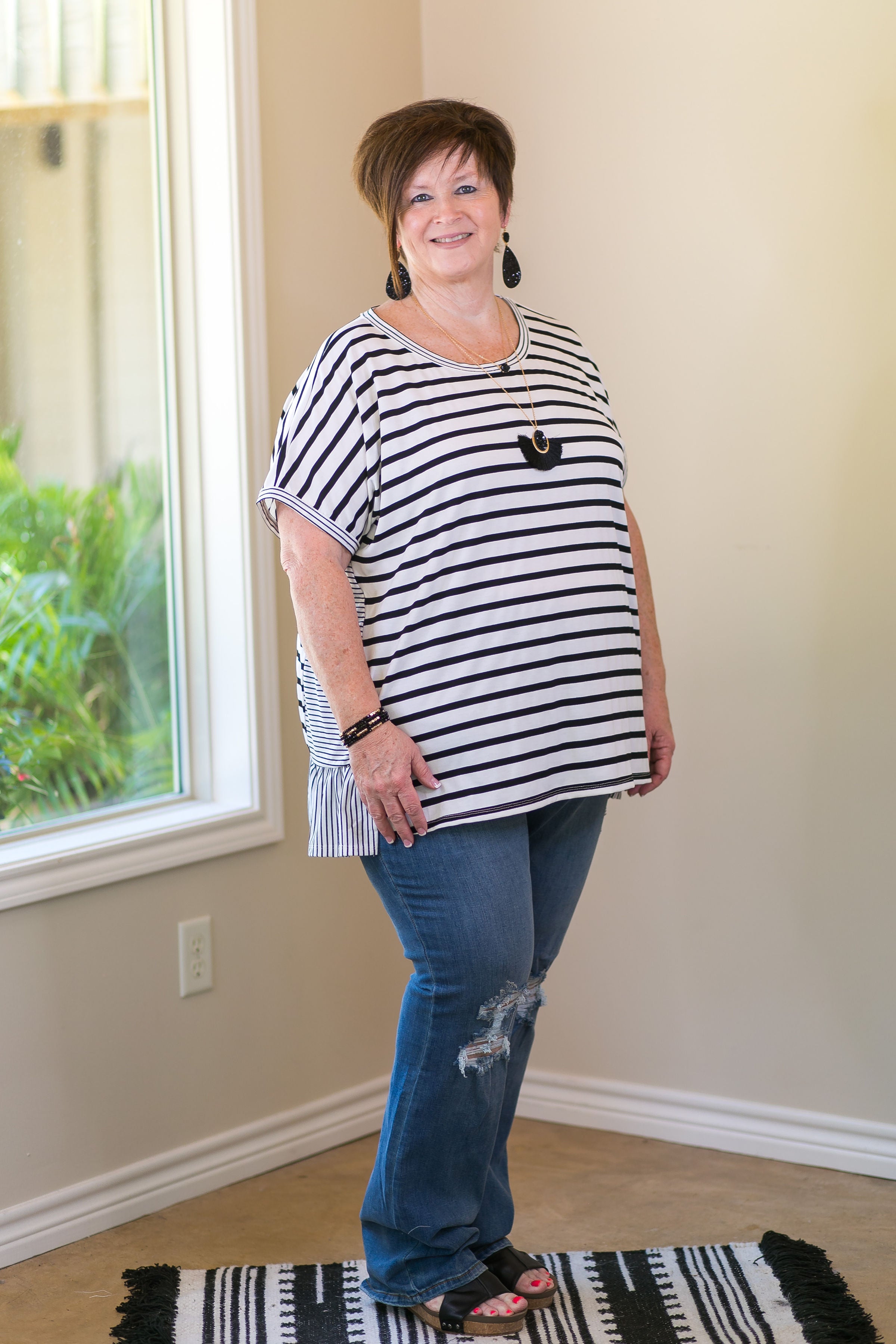Umgee Notice Me Mixed Stripe Short Sleeve Top with Ruffled Hem in black and white Blue Women's trendy plus size boutique clothing affordable striped