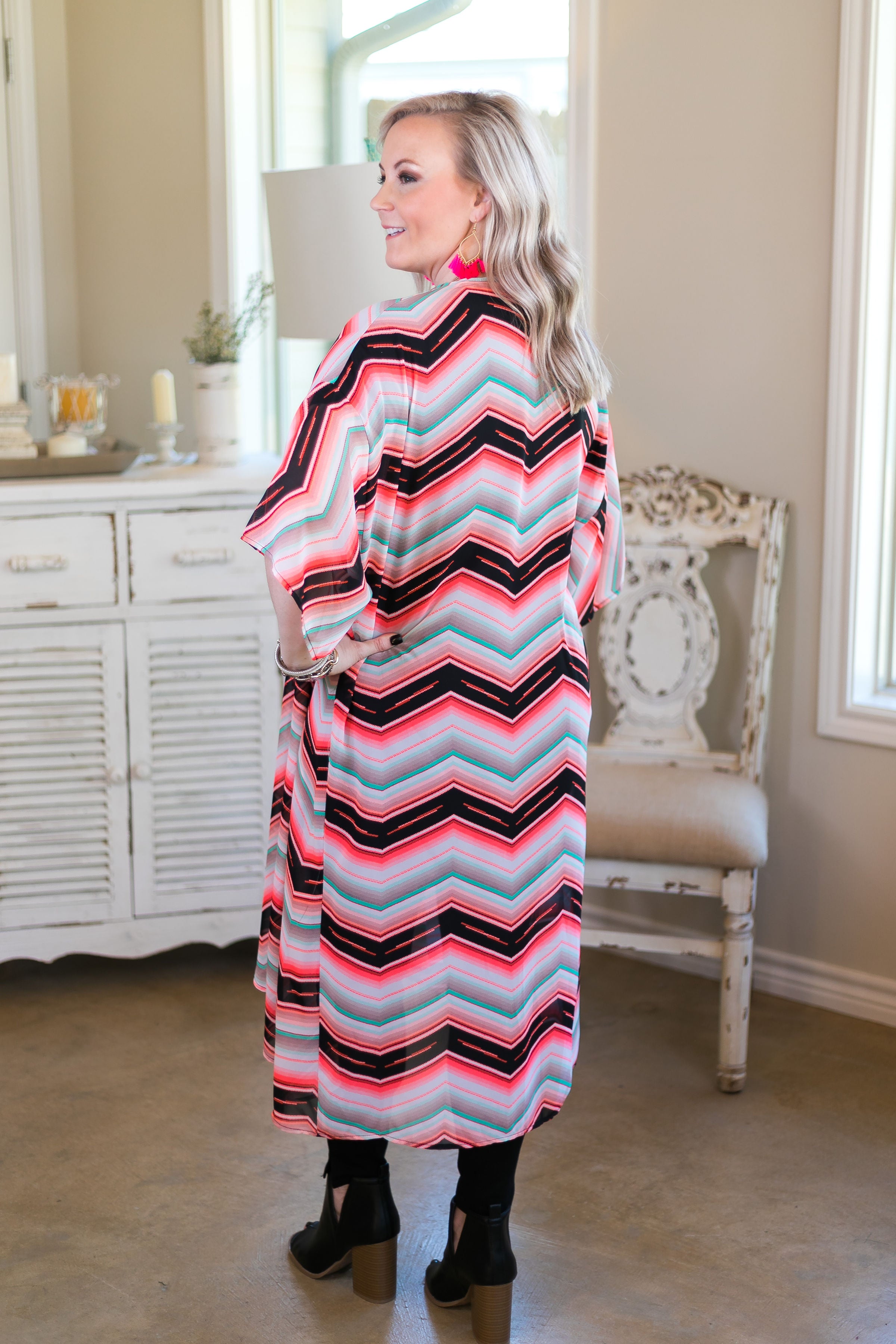 Last Chance Size S/M | Play By Play Sheer Chevron Duster Kimono in Neon Pink - Giddy Up Glamour Boutique