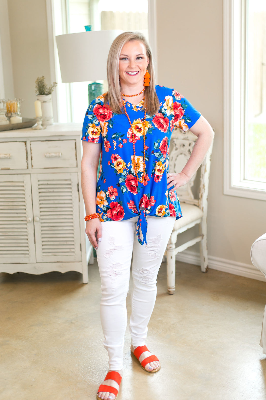 girl's getaway Women's trendy missy plus size boutique clothing shirt top blouse affordable color short sleeve floral print royal blue travel clothing soft tie top