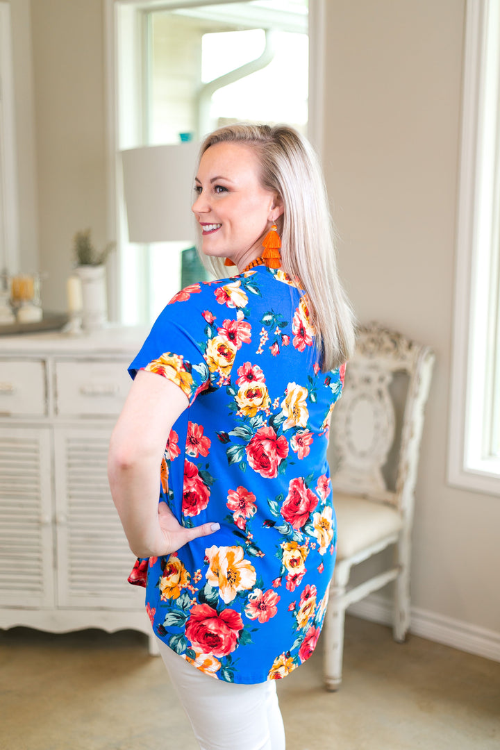 girl's getaway Women's trendy missy plus size boutique clothing shirt top blouse affordable color short sleeve floral print royal blue travel clothing soft tie top