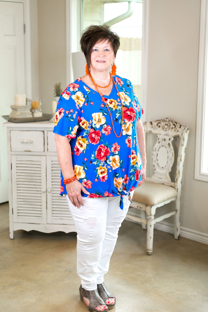 girl's getaway Women's trendy missy plus size boutique clothing shirt top blouse affordable color short sleeve floral print royal blue travel clothing soft tie top