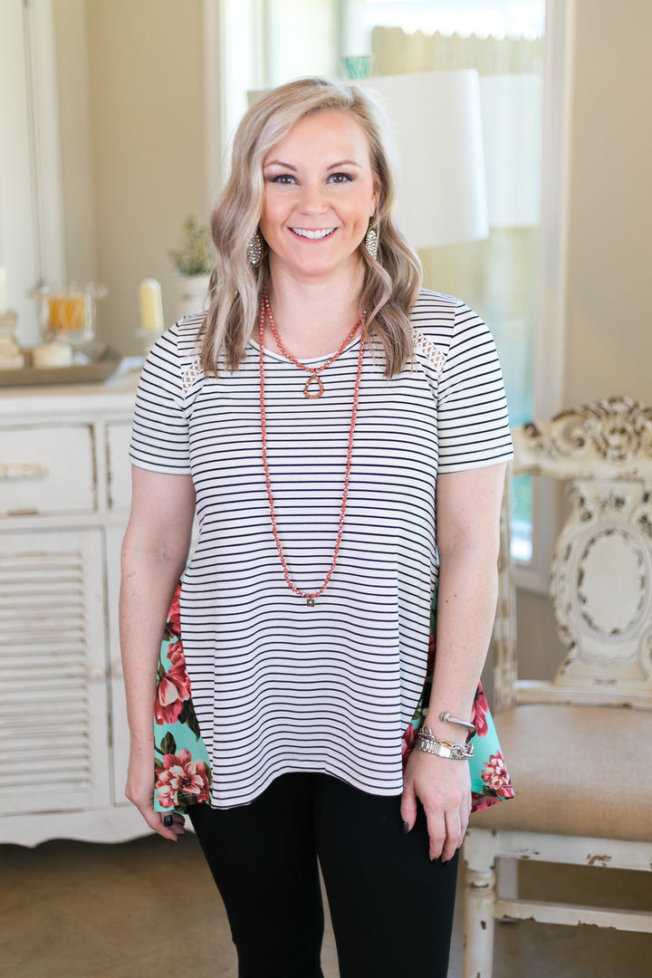 Last Chance Size Small | Days Gone By Stripe Short Sleeve Top with Floral Backside in Mint - Giddy Up Glamour Boutique