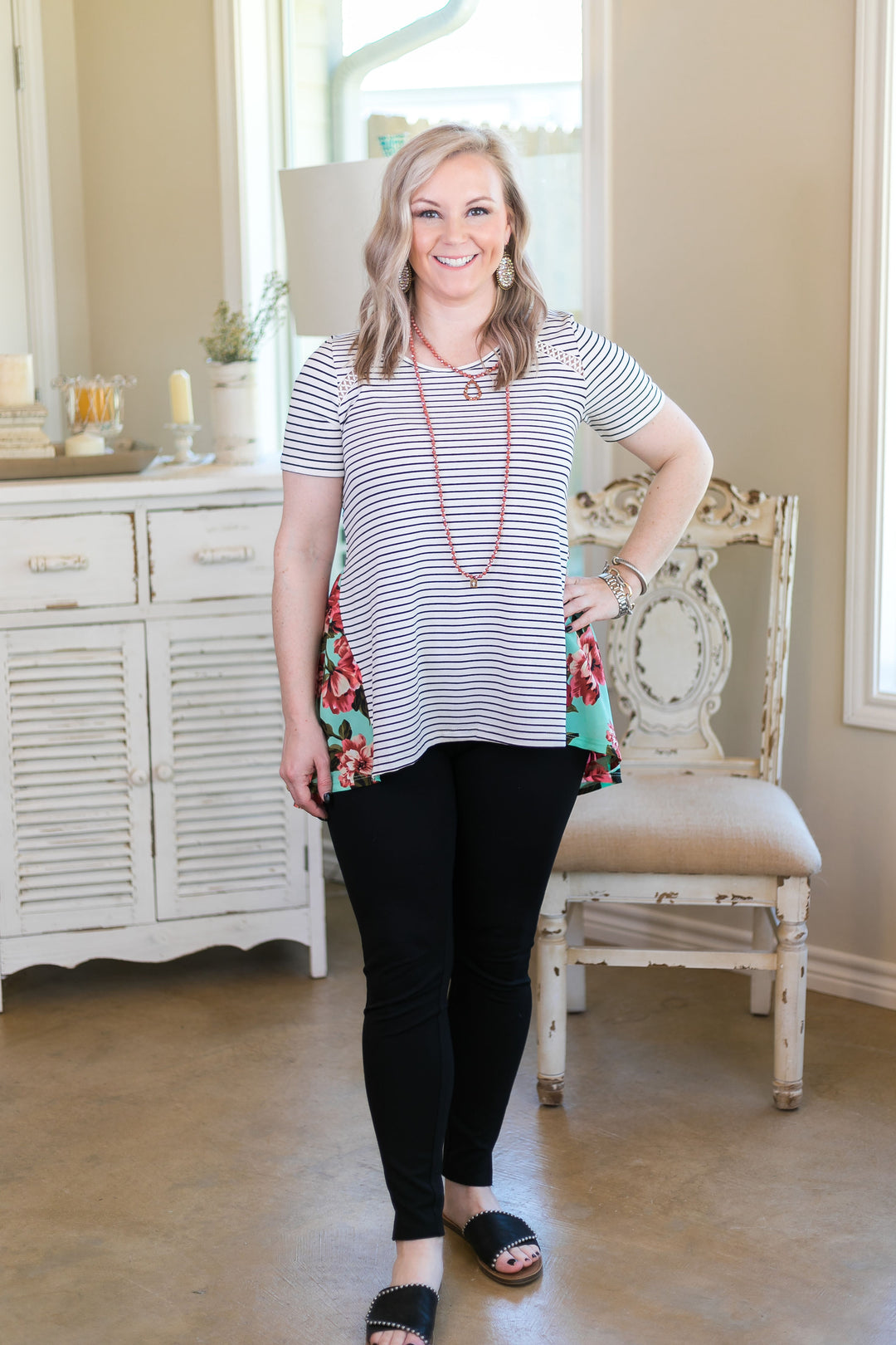 Last Chance Size Small | Days Gone By Stripe Short Sleeve Top with Floral Backside in Mint - Giddy Up Glamour Boutique