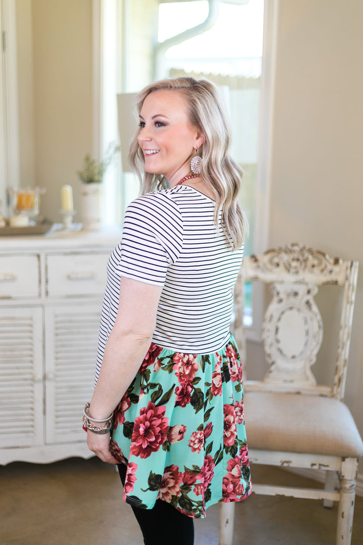 Last Chance Size Small | Days Gone By Stripe Short Sleeve Top with Floral Backside in Mint - Giddy Up Glamour Boutique