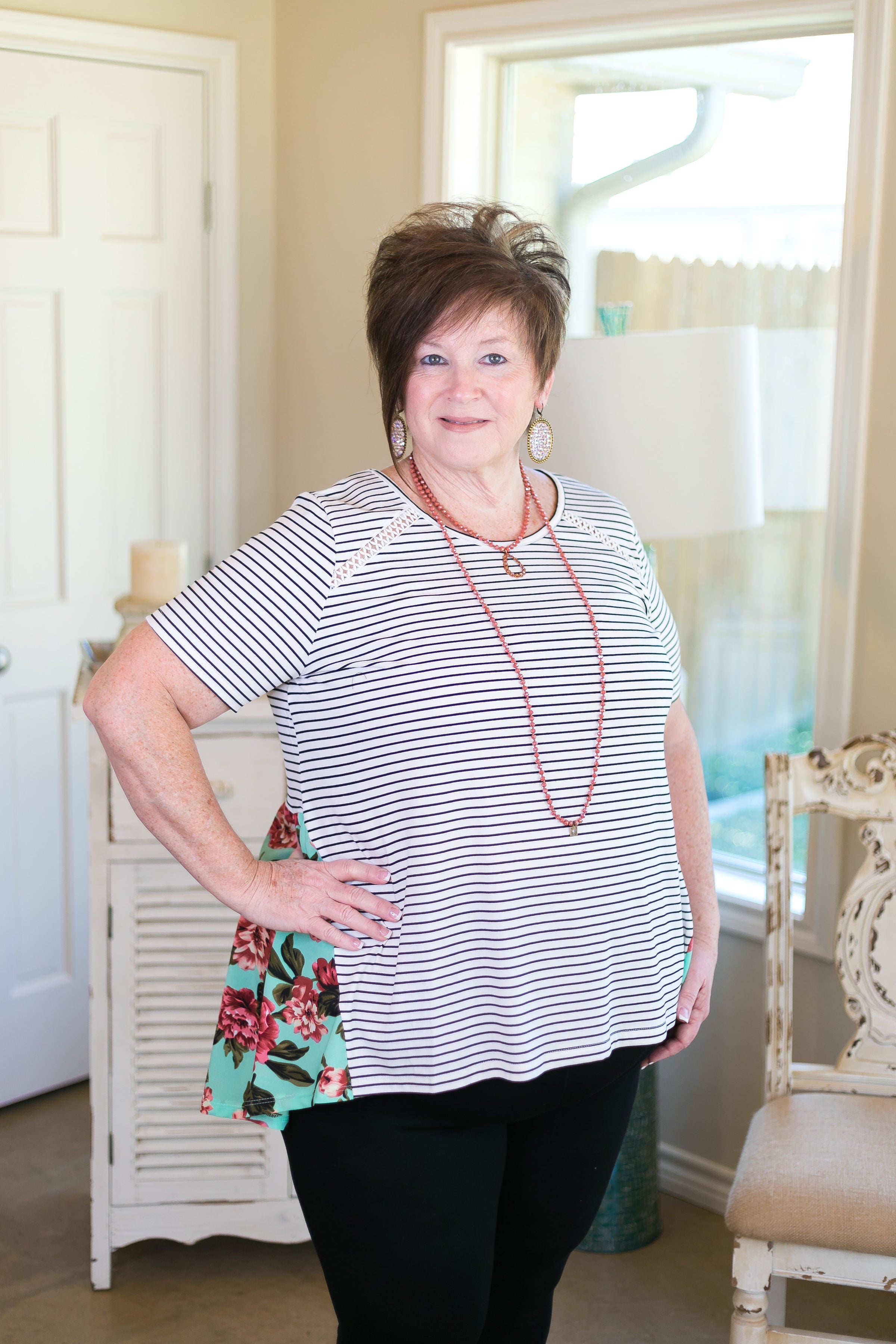 Last Chance Size Small | Days Gone By Stripe Short Sleeve Top with Floral Backside in Mint - Giddy Up Glamour Boutique