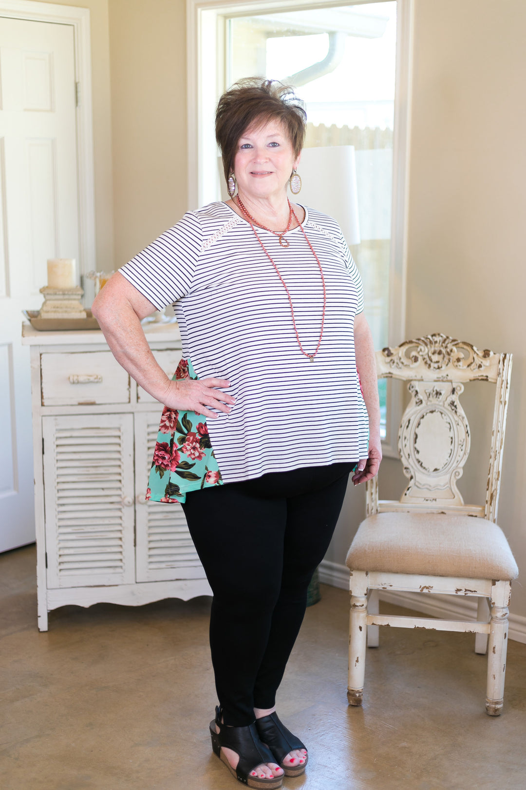 Last Chance Size Small | Days Gone By Stripe Short Sleeve Top with Floral Backside in Mint - Giddy Up Glamour Boutique
