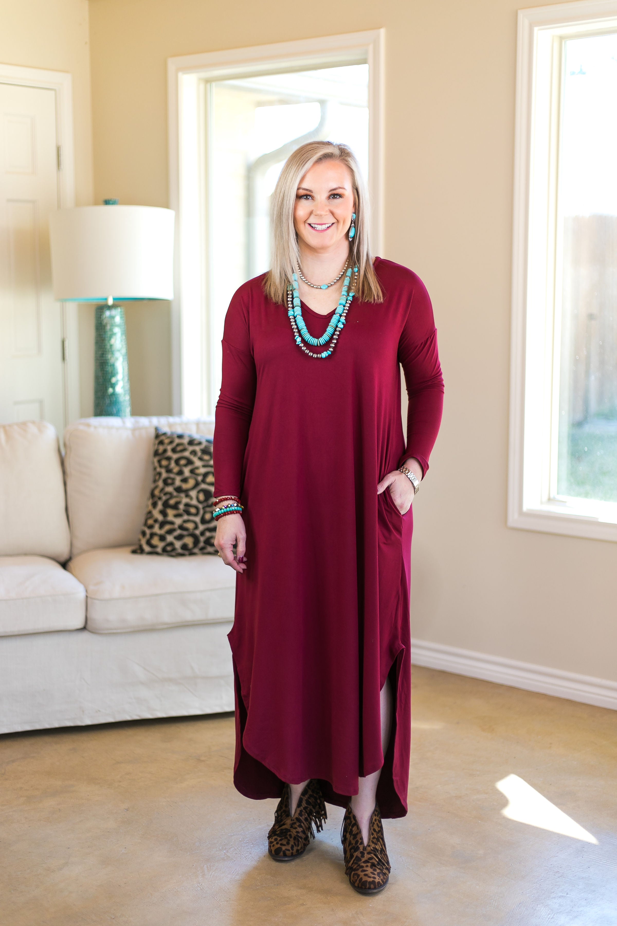 Last Chance Size Small & XL | Simple Love Long Sleeve Tee Shirt Maxi Dress in Maroon - Giddy Up Glamour Boutique
