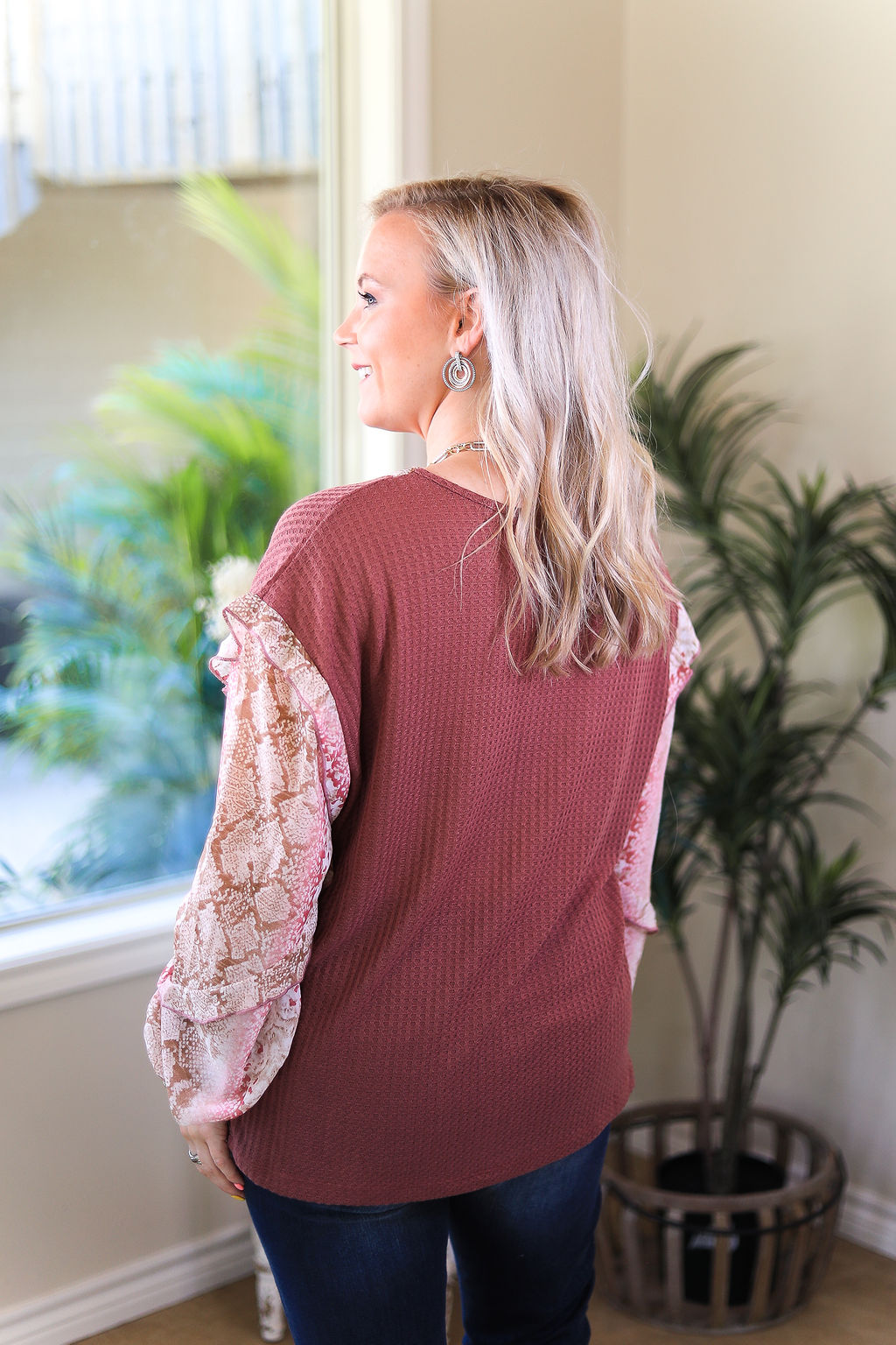 Last Chance Size Small & Large | Secret Crush Waffle Knit Blouse with Sheer Snakeskin Puff Sleeves in Mauve Pink - Giddy Up Glamour Boutique