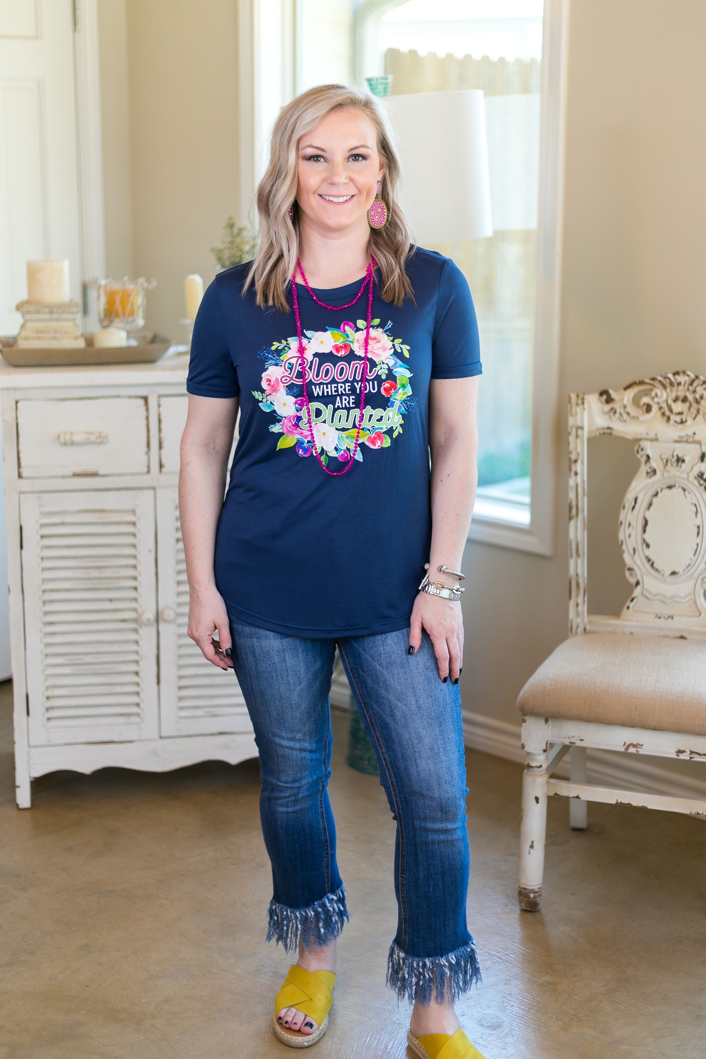 Bloom Where You Are Planted Cuffed Short Sleeve Tee in Navy Blue - Giddy Up Glamour Boutique