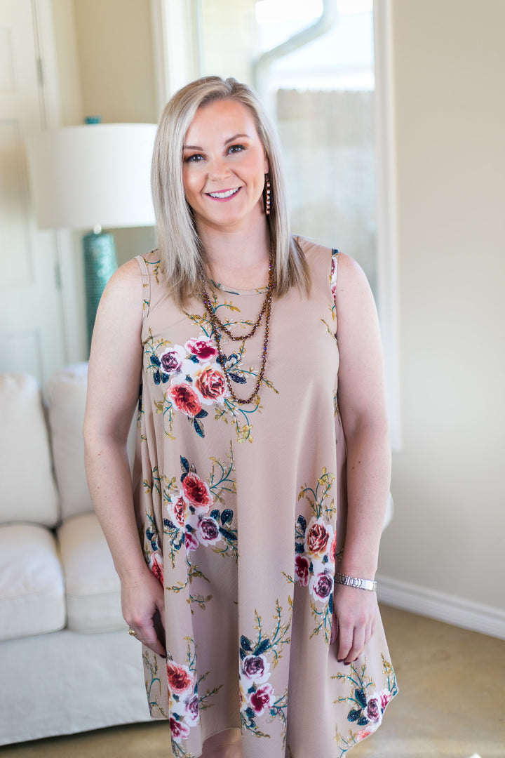 Last Chance Size S/M | What I'm About Floral A Line Dress in Tan - Giddy Up Glamour Boutique