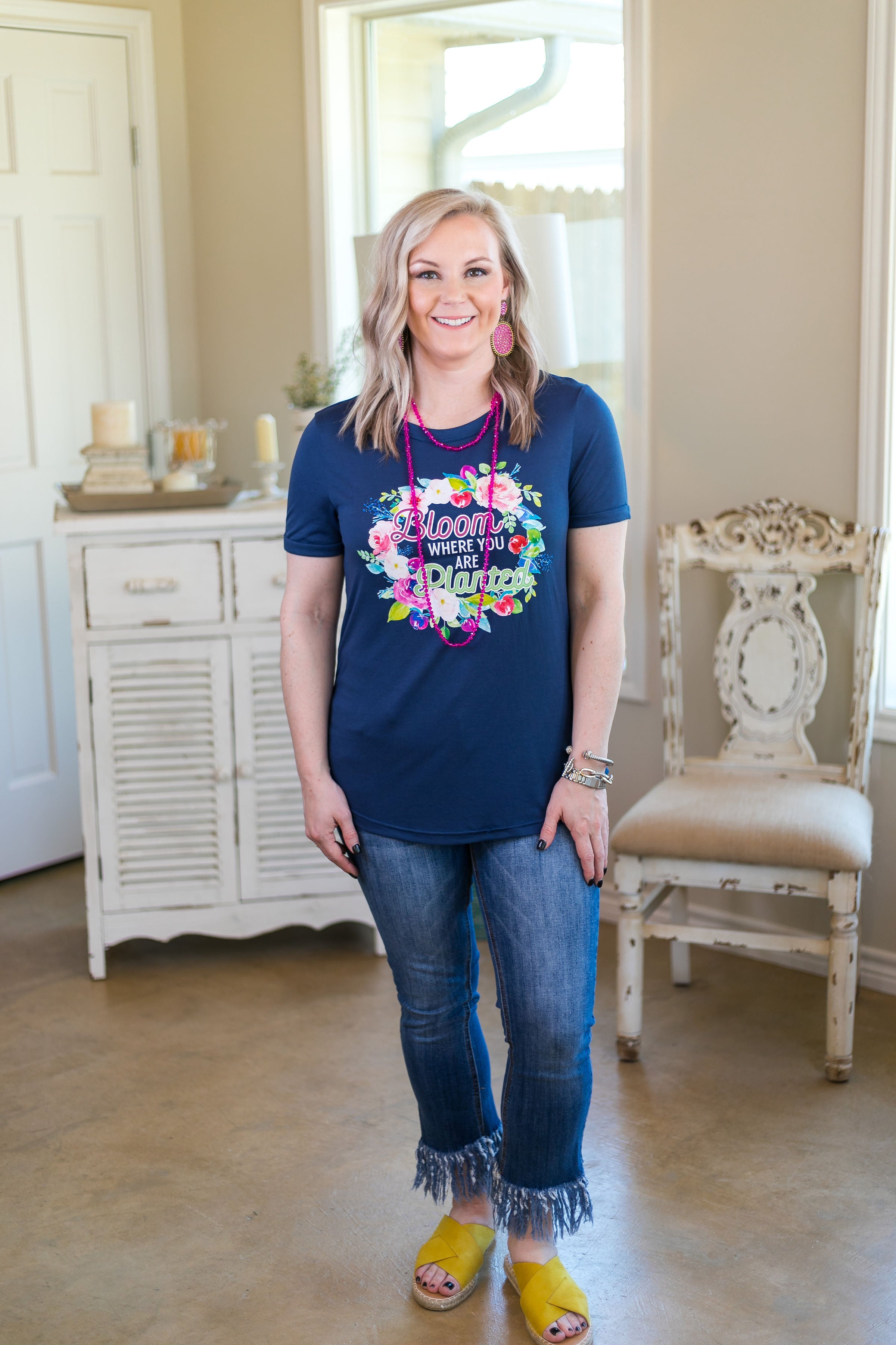 Bloom Where You Are Planted Cuffed Short Sleeve Tee in Navy Blue - Giddy Up Glamour Boutique