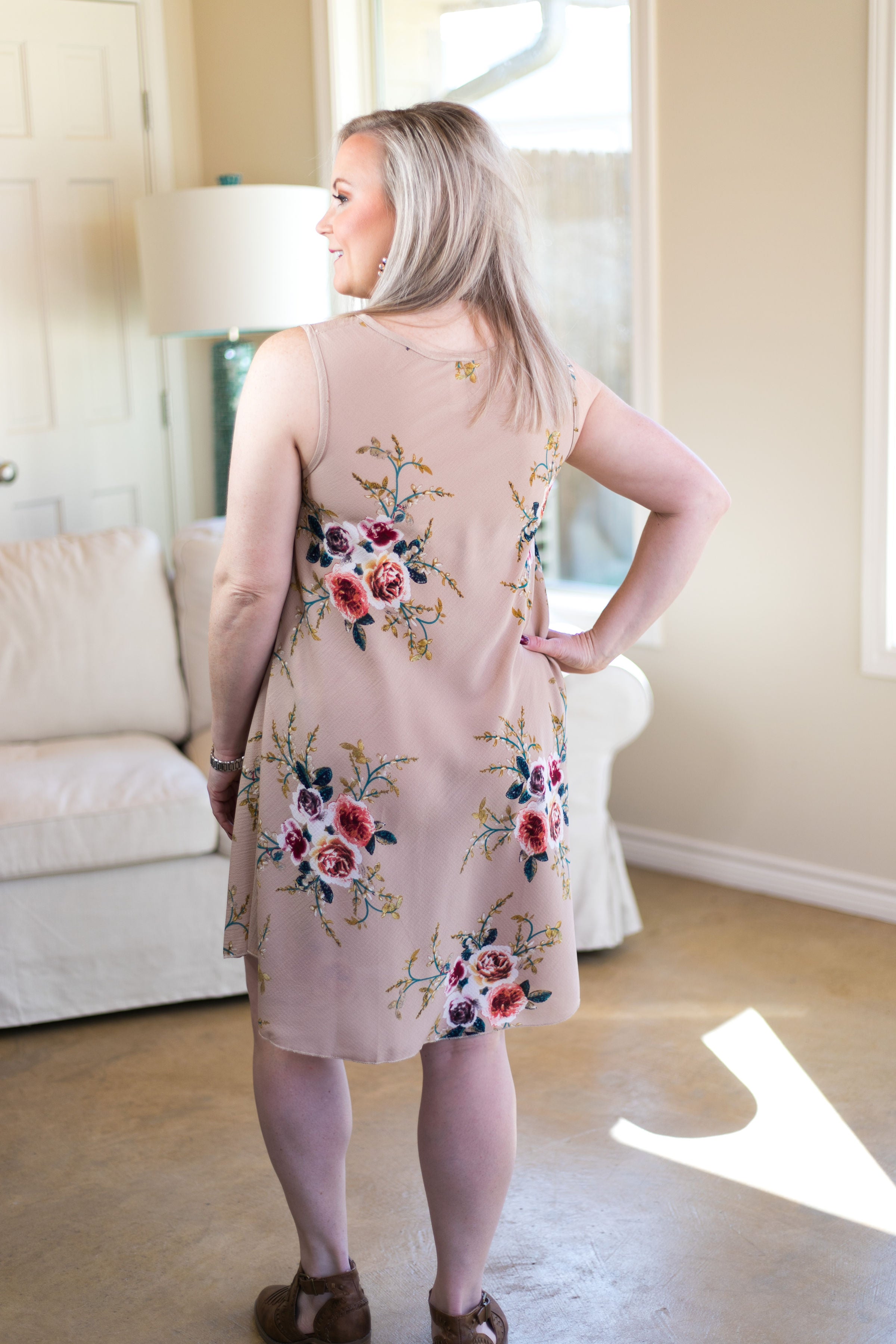 Last Chance Size S/M | What I'm About Floral A Line Dress in Tan - Giddy Up Glamour Boutique
