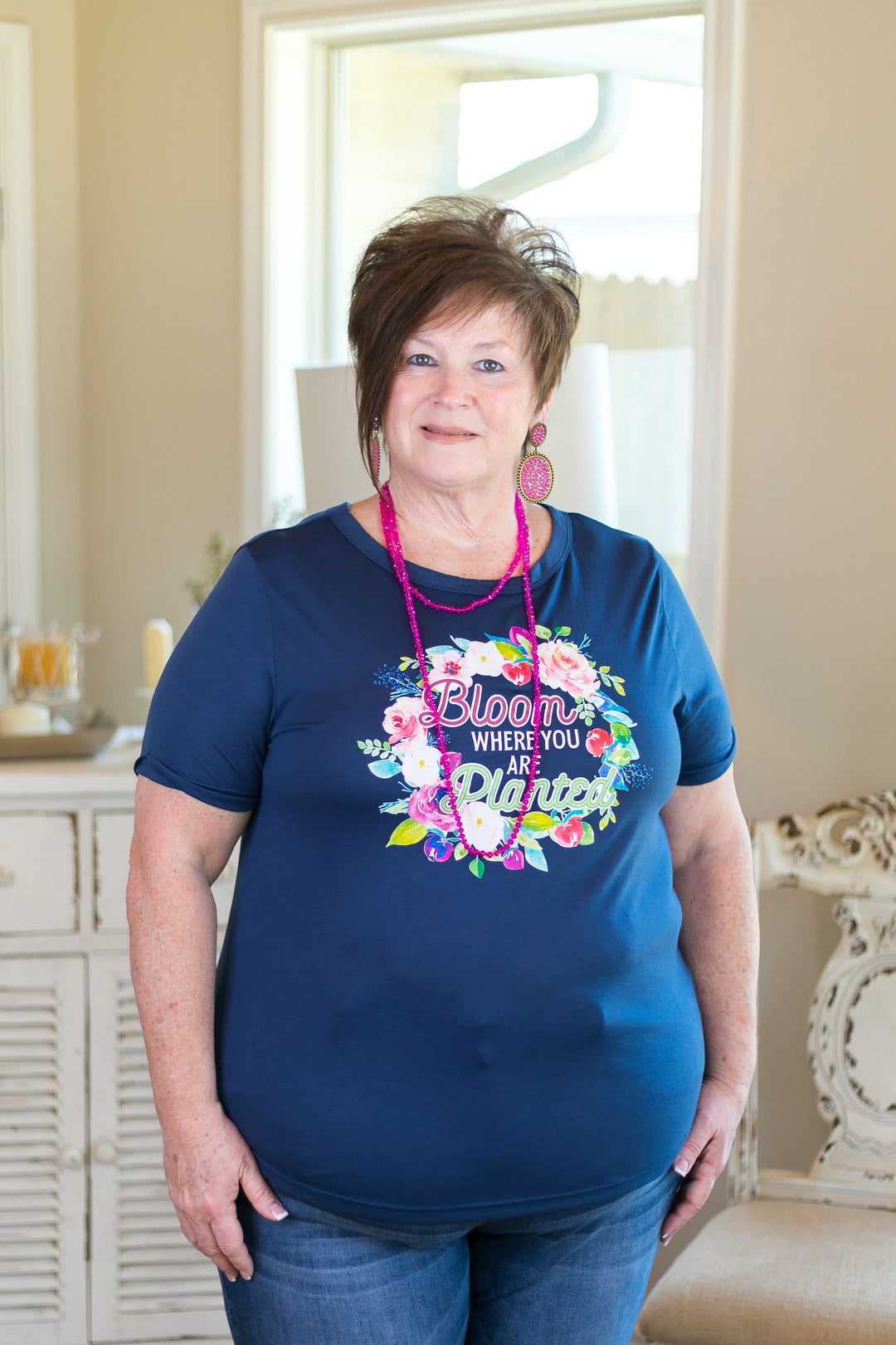 Bloom Where You Are Planted Cuffed Short Sleeve Tee in Navy Blue - Giddy Up Glamour Boutique