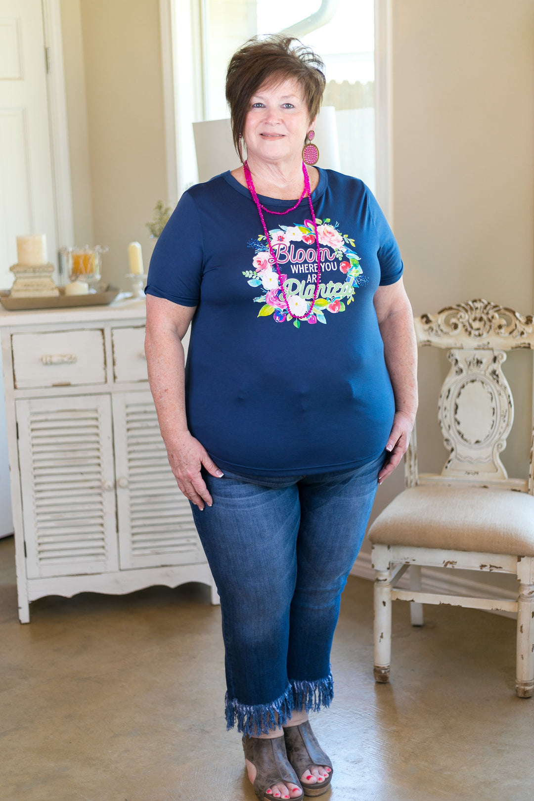 Bloom Where You Are Planted Cuffed Short Sleeve Tee in Navy Blue - Giddy Up Glamour Boutique