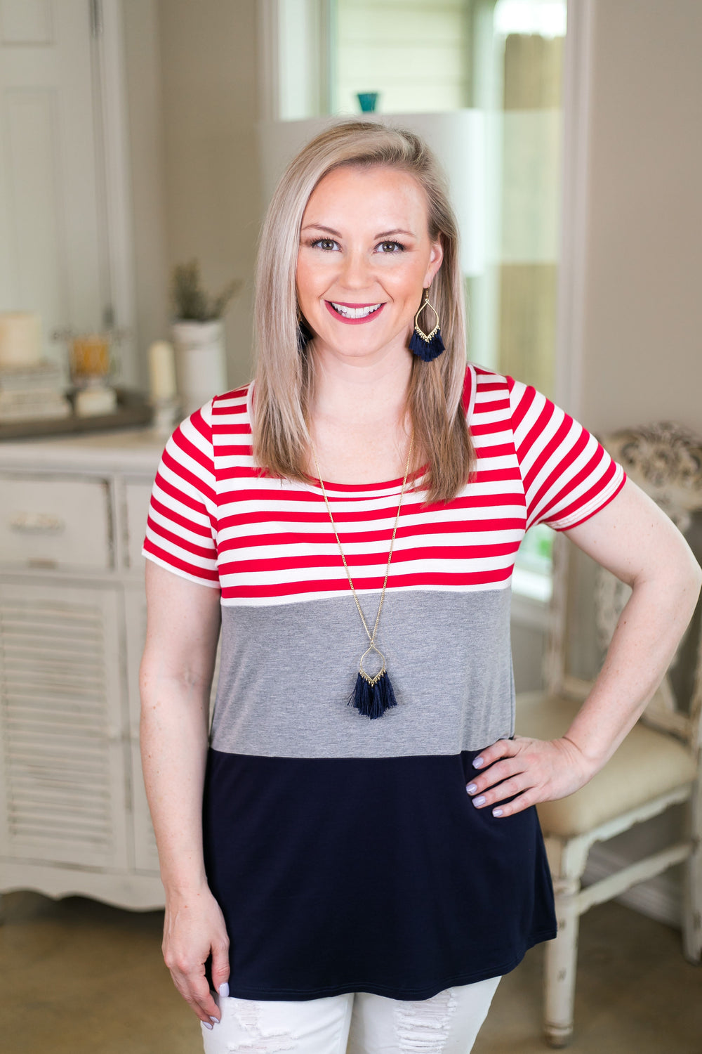 Reach For The Stars Patriotic Color Block Short Sleeve Top USA 4th of July fashion red white blue