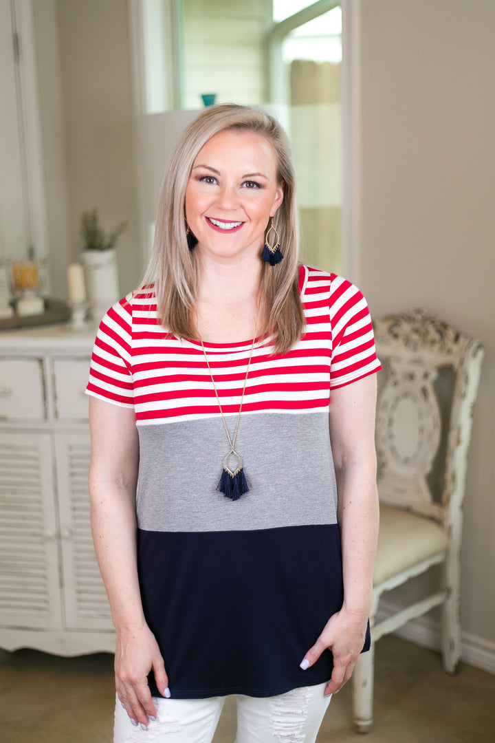 Reach For The Stars Patriotic Color Block Short Sleeve Top USA 4th of July fashion red white blue