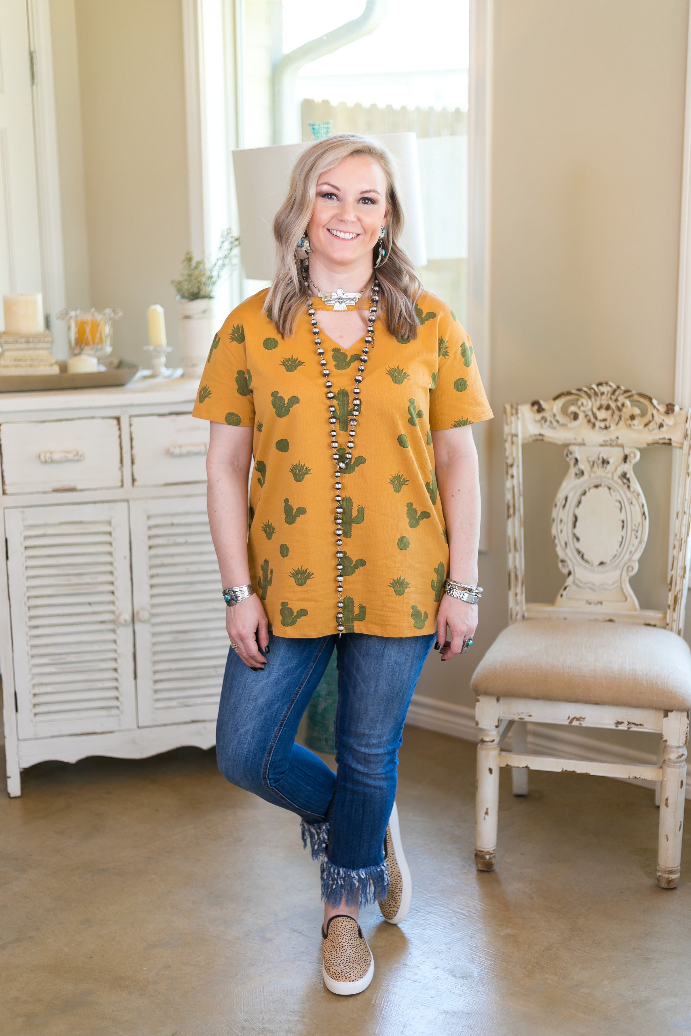 Last Chance Size Small | Way Out West Cactus Keyhole Cutout Short Sleeve Tee in Mustard Yellow - Giddy Up Glamour Boutique