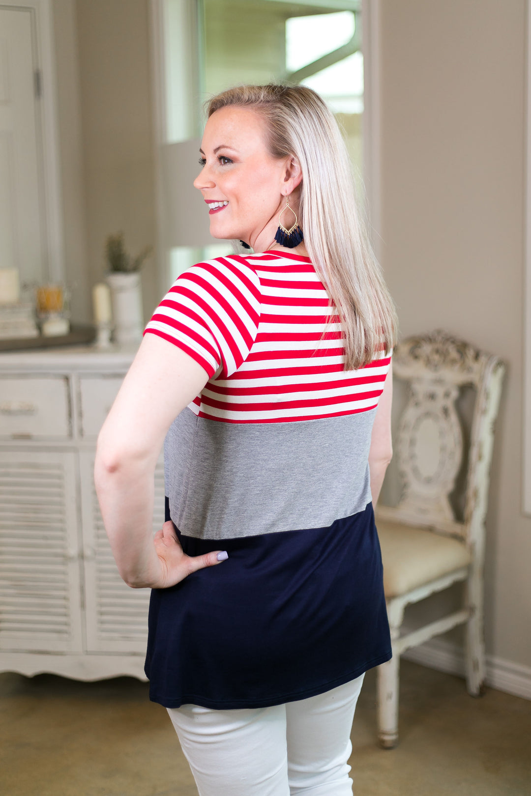 Reach For The Stars Patriotic Color Block Short Sleeve Top USA 4th of July fashion red white blue