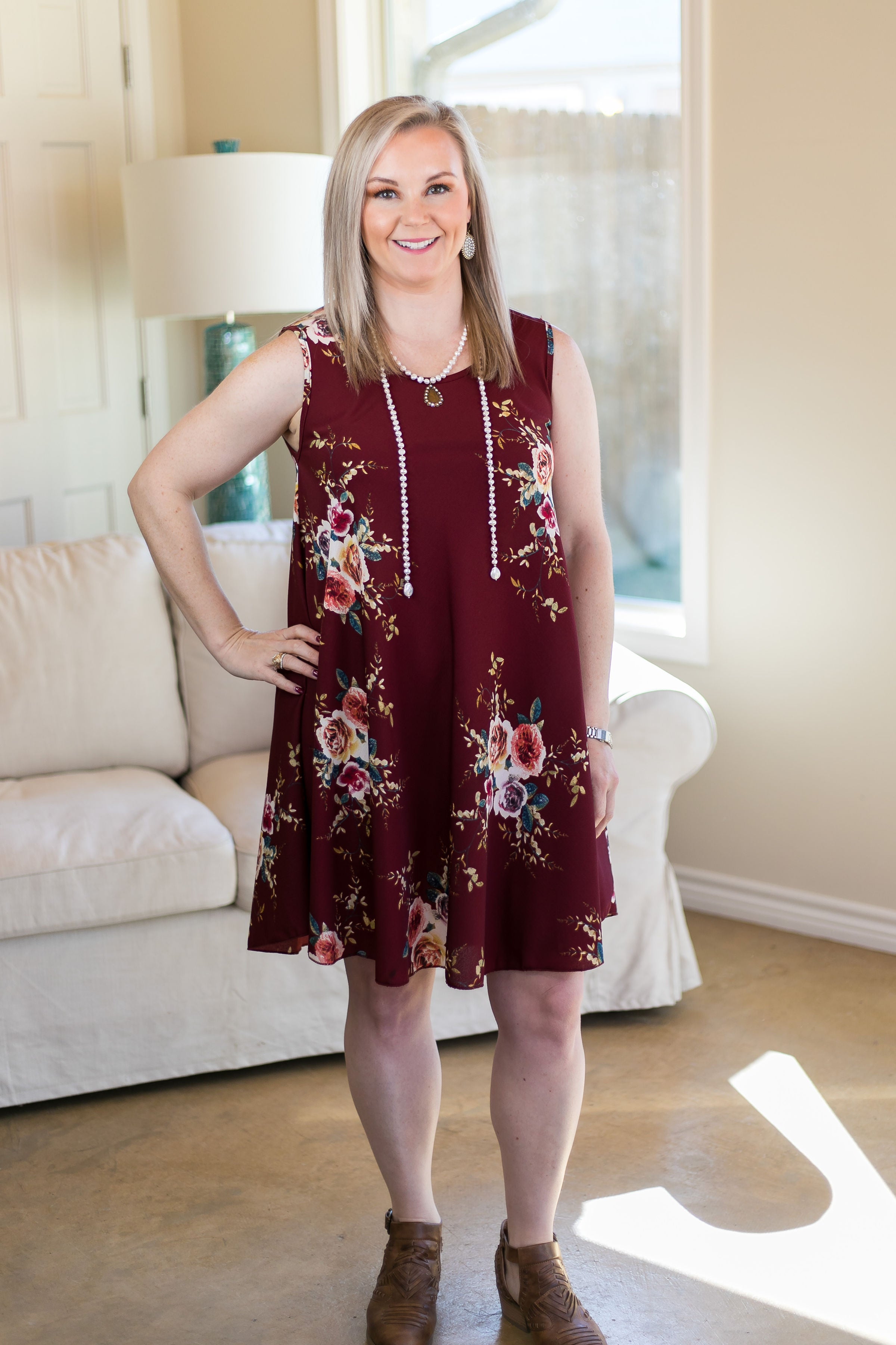 Last Chance Size S/M | What I'm About Floral A Line Dress in Maroon - Giddy Up Glamour Boutique