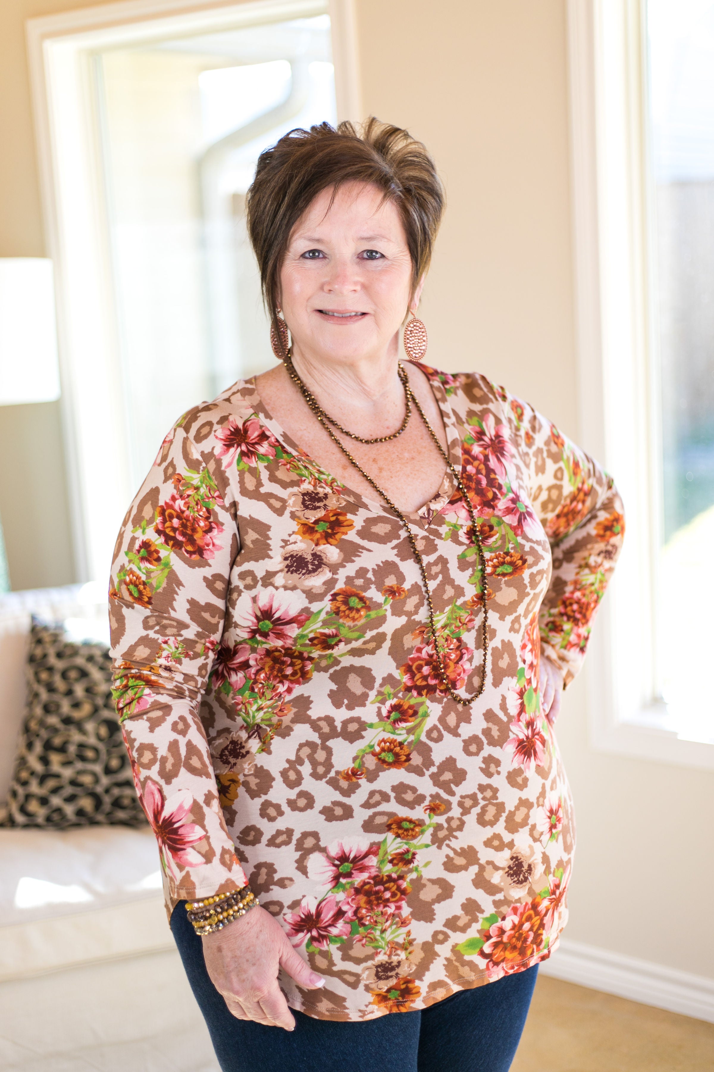 Last Chance Size Small | Perfect Chemistry Leopard and Floral Long Sleeve V-Neck Top in Mocha - Giddy Up Glamour Boutique