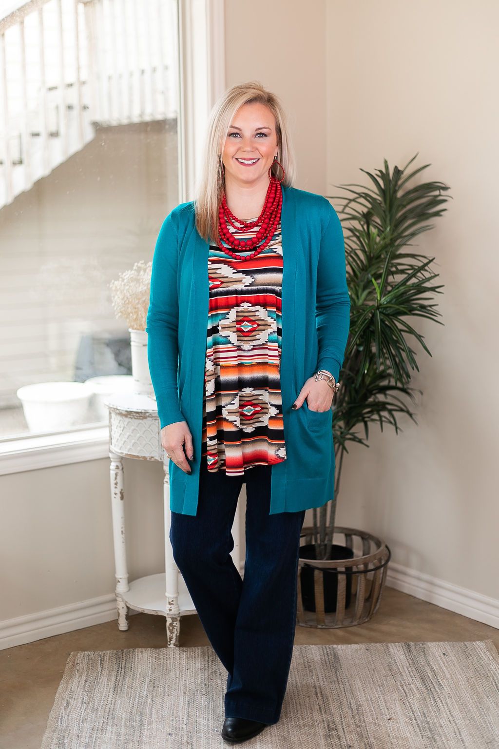 Beat The Chill Basic Knit Cardigan in Teal Turquoise sweater warm cozy with pockets in teal green