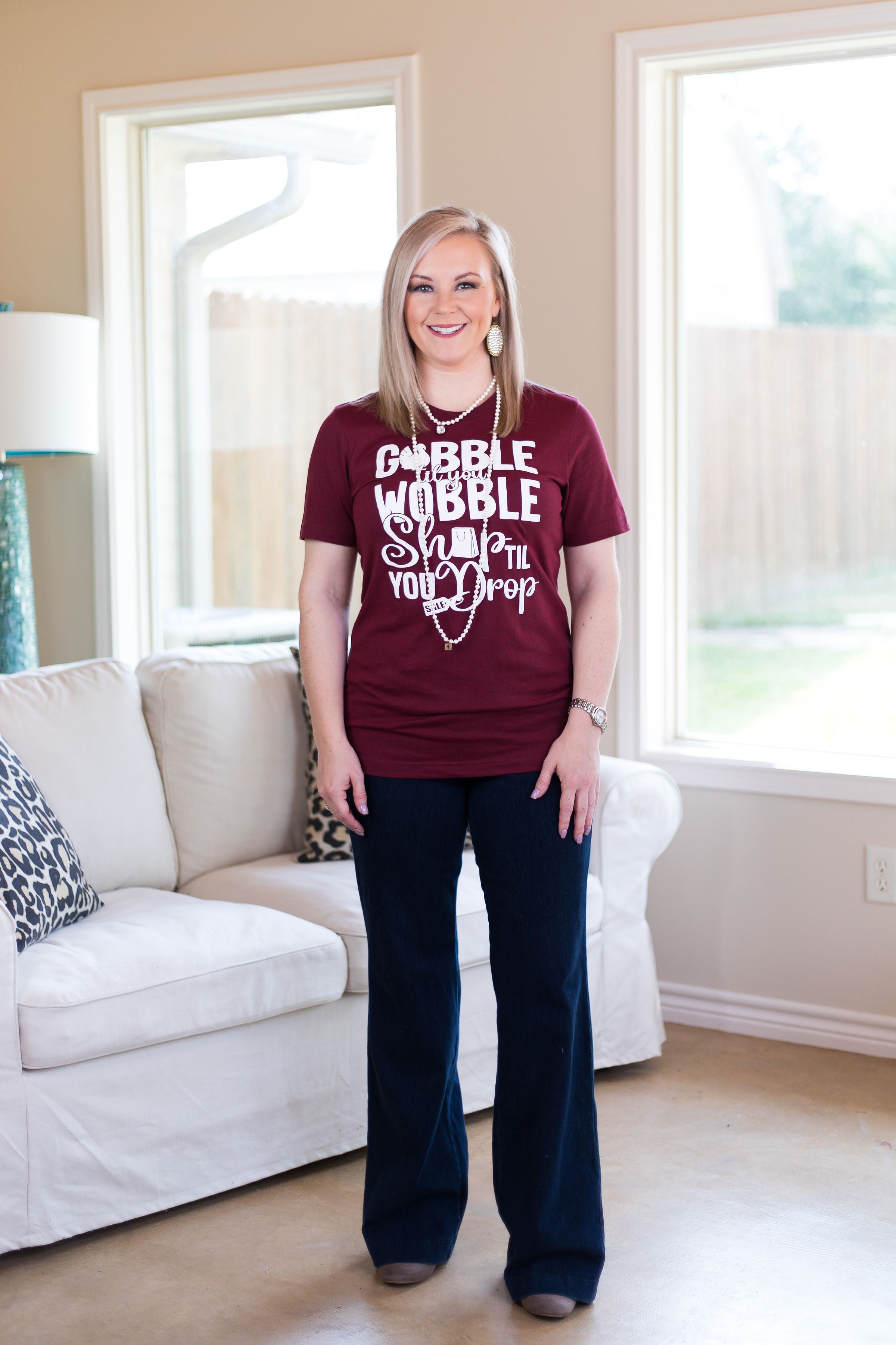 Last Chance Size Small | Gobble Til You Wobble Shop Til You Drop Short Sleeve Tee Shirt in Maroon