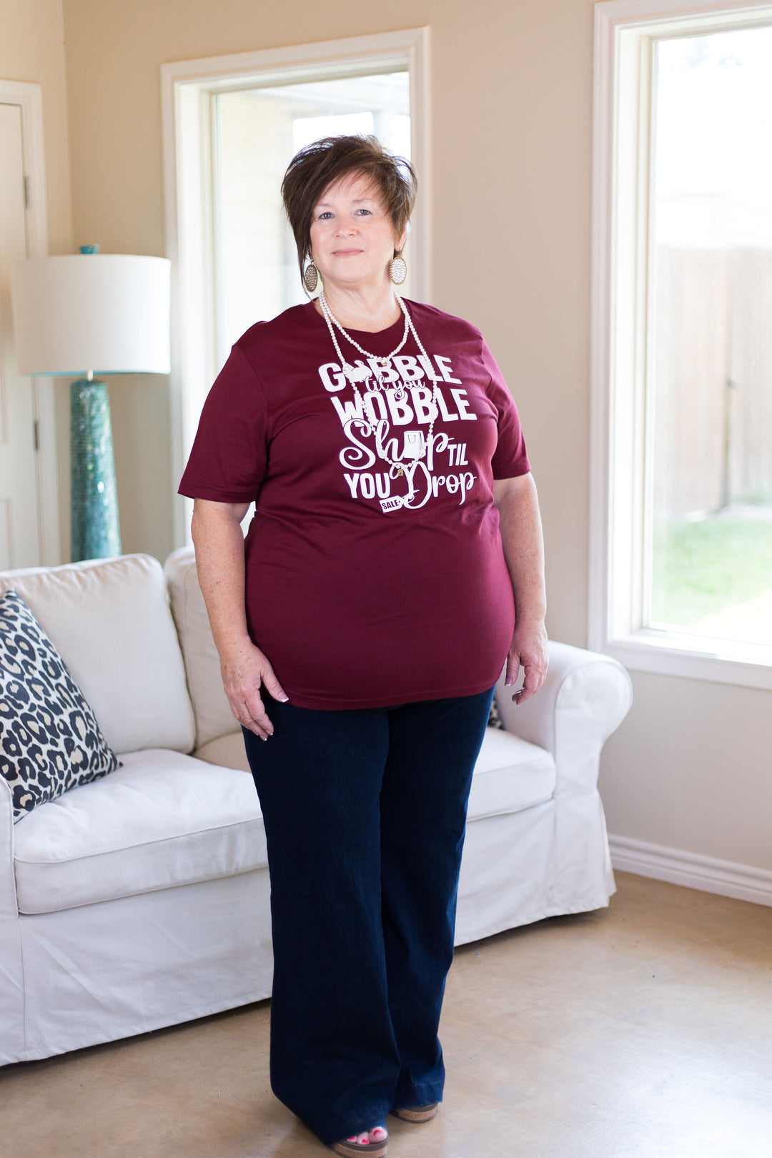 Last Chance Size Small | Gobble Til You Wobble Shop Til You Drop Short Sleeve Tee Shirt in Maroon - Giddy Up Glamour Boutique